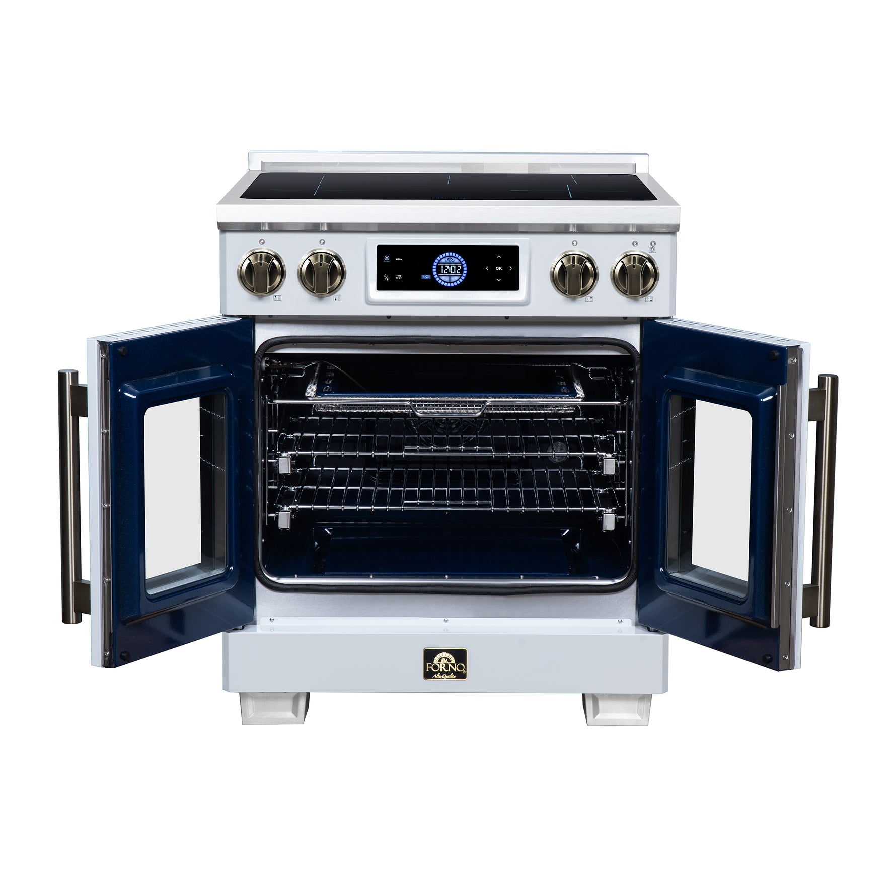 Maximus 30-Inch Induction range, French Door, 4 Cooking Zones, 4.32 cf. Convection Oven, Air Sous Vide, Air Fry Basket, White