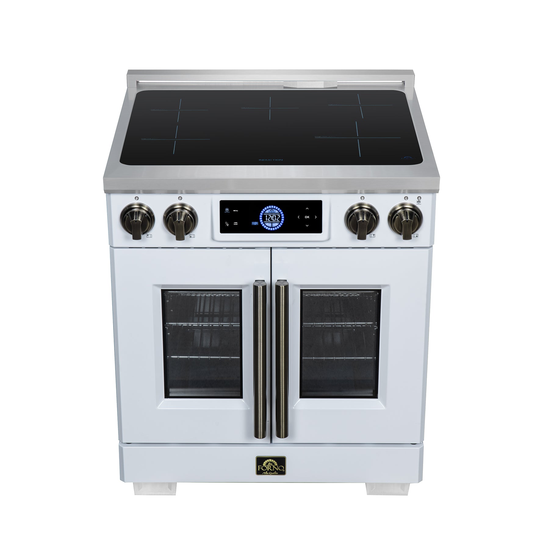 Maximus 30-Inch Induction range, French Door, 4 Cooking Zones, 4.32 cf. Convection Oven, Air Sous Vide, Air Fry Basket, White