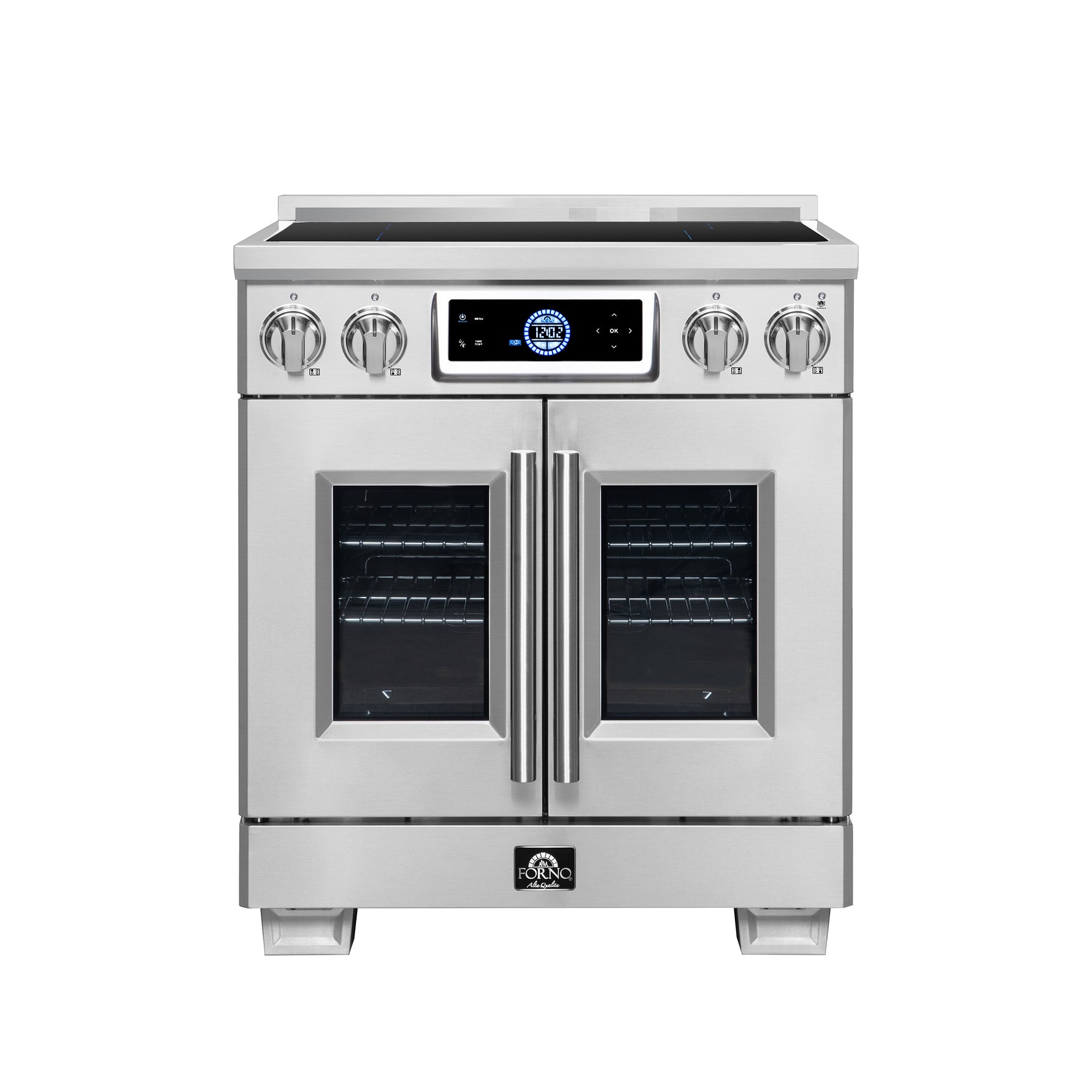 Maximus 30-Inch Induction range, French Door, 4 Cooking Zones, 4.32 cf. Convection Oven, Air Sous Vide, Air Fry Basket, Stainless Steel