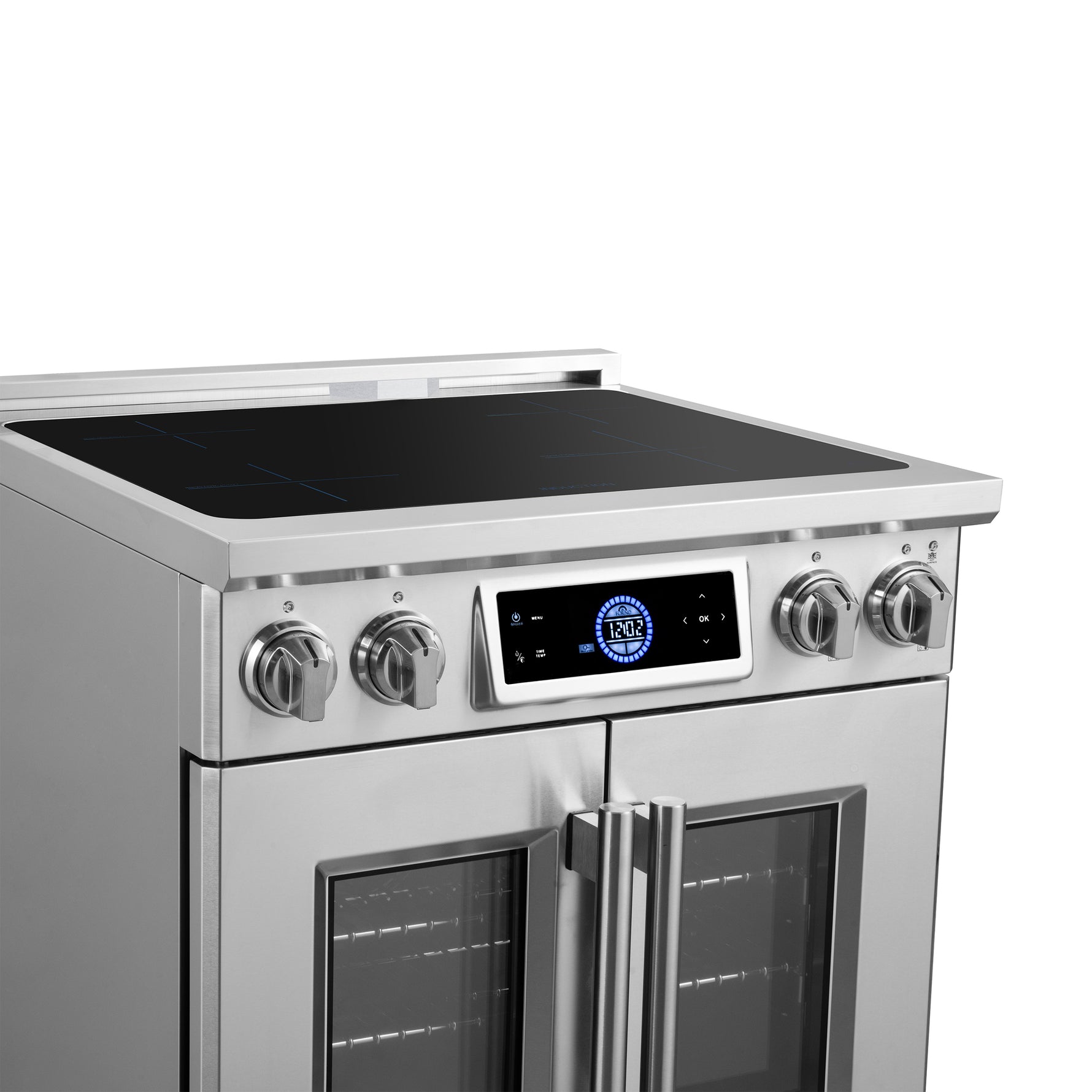 Maximus 30-Inch Induction range, French Door, 4 Cooking Zones, 4.32 cf. Convection Oven, Air Sous Vide, Air Fry Basket, Stainless Steel