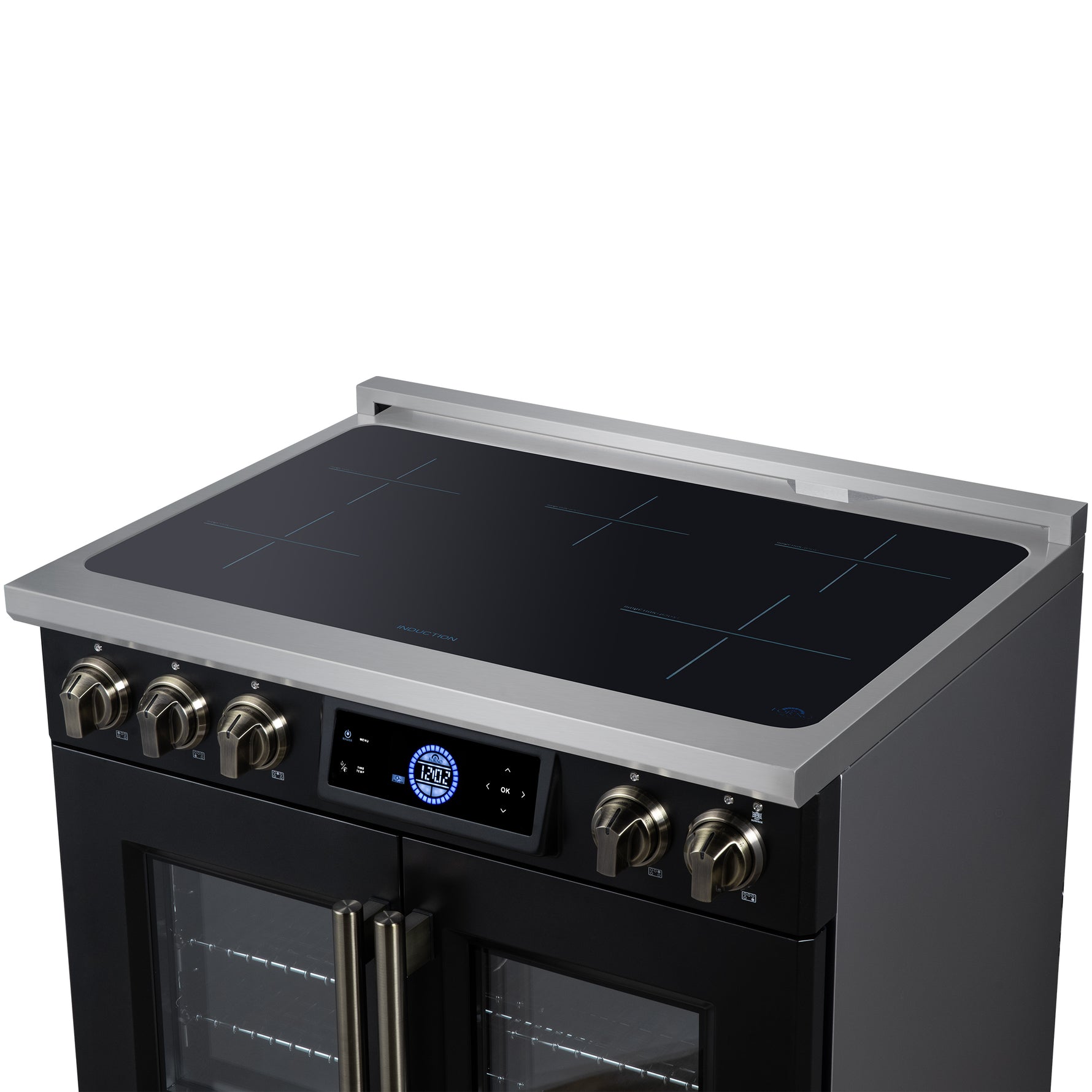 Maximus 36-Inch Induction range, French Door, 5 Cooking Zones, 5.36 cf. Convection Oven, Air Sous Vide, Air Fry Basket, Black