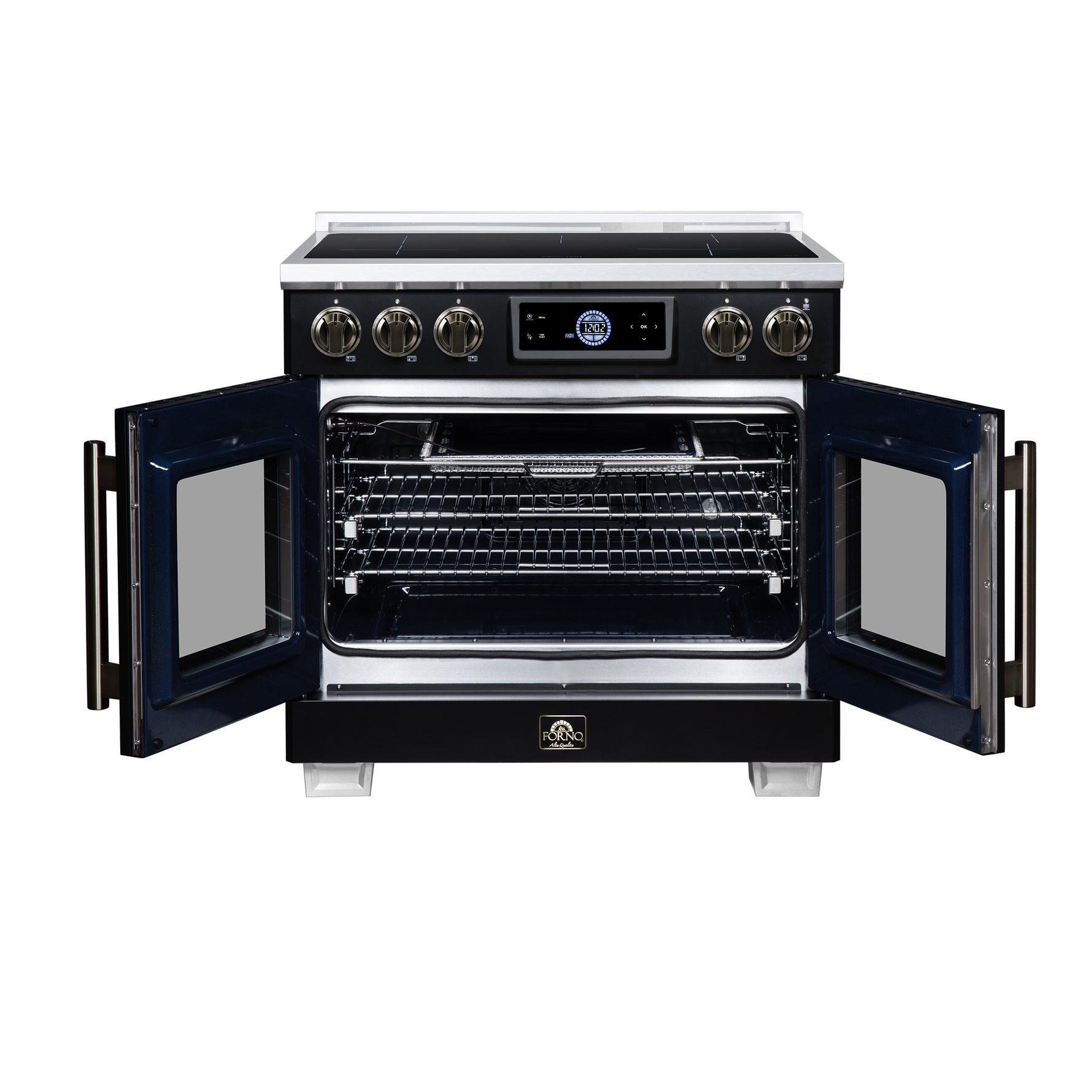 Maximus 36-Inch Induction range, French Door, 5 Cooking Zones, 5.36 cf. Convection Oven, Air Sous Vide, Air Fry Basket, Black