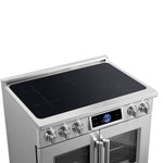 Maximus 36-Inch Induction range, French Door, 5 Cooking Zones, 5.36 cf. Convection Oven, Air Sous Vide, Air Fry Basket, Stainless Steel