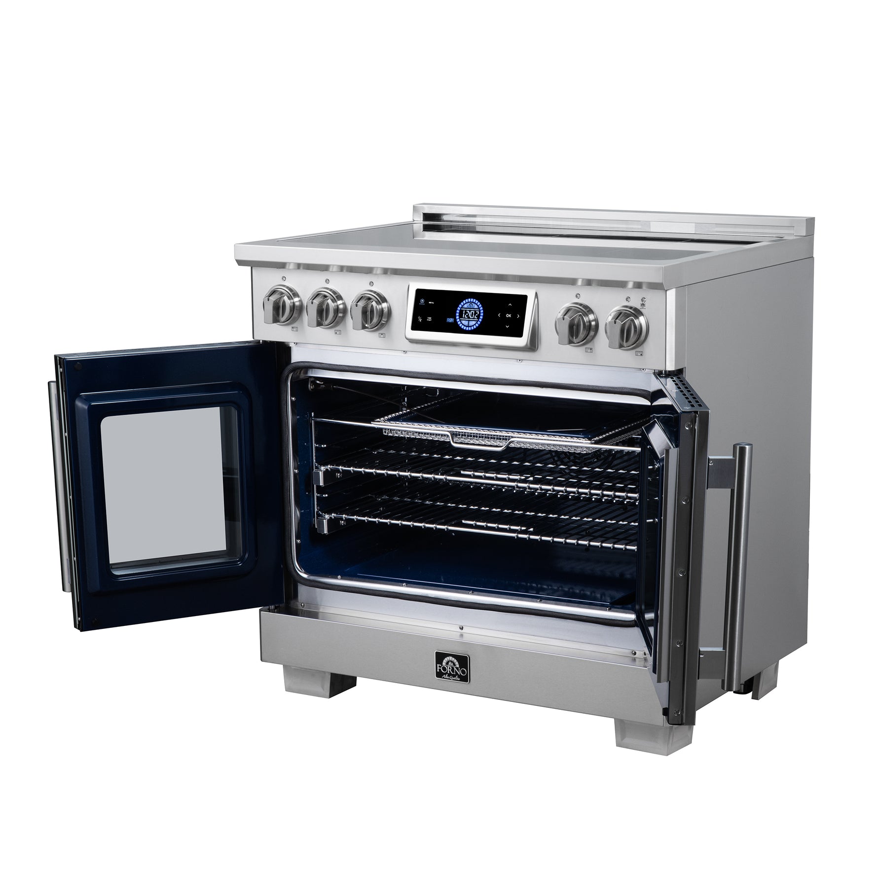 Maximus 36-Inch Induction range, French Door, 5 Cooking Zones, 5.36 cf. Convection Oven, Air Sous Vide, Air Fry Basket, Stainless Steel