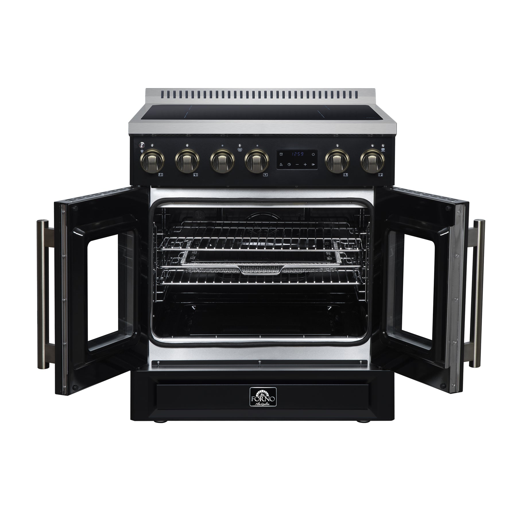 Torino French Door 30 Inch Induction Range with Air Fryer, Air Sous Vide & True Convection, Dual Broiler, Black