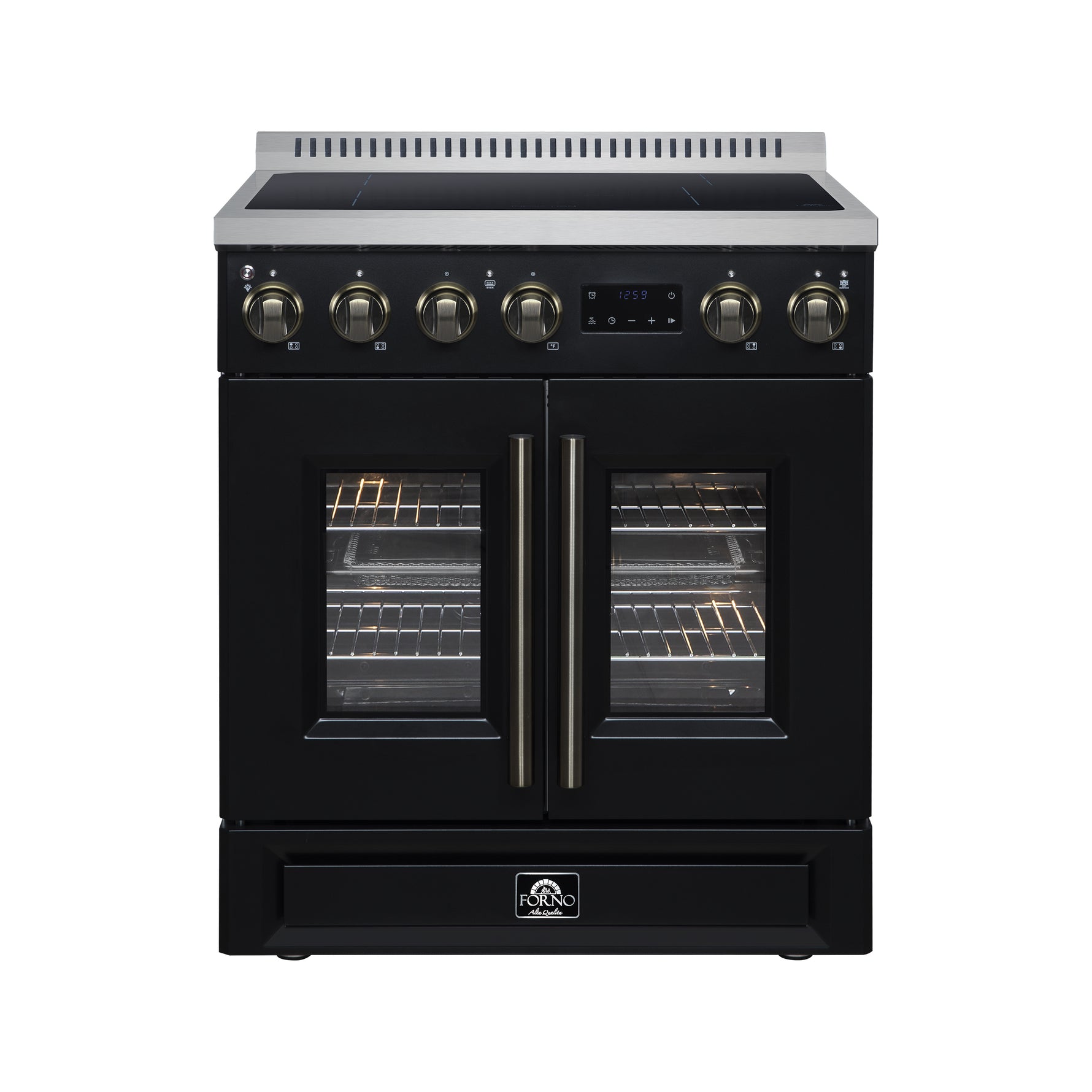 Torino French Door 30 Inch Induction Range with Air Fryer, Air Sous Vide & True Convection, Dual Broiler, Black