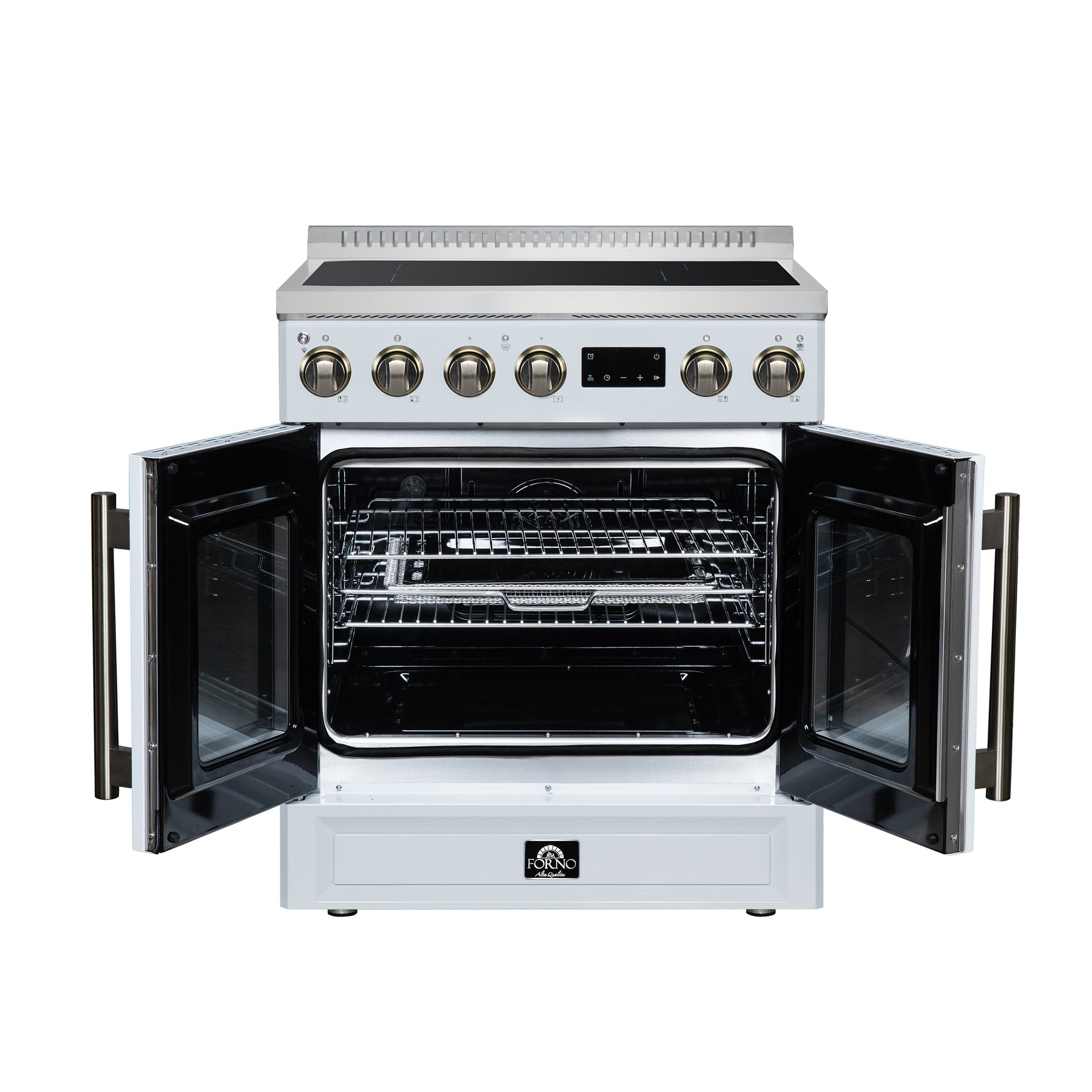 Torino French Door 30 Inch Induction Range with Air Fryer, Air Sous Vide & True Convection, Dual Broiler, White