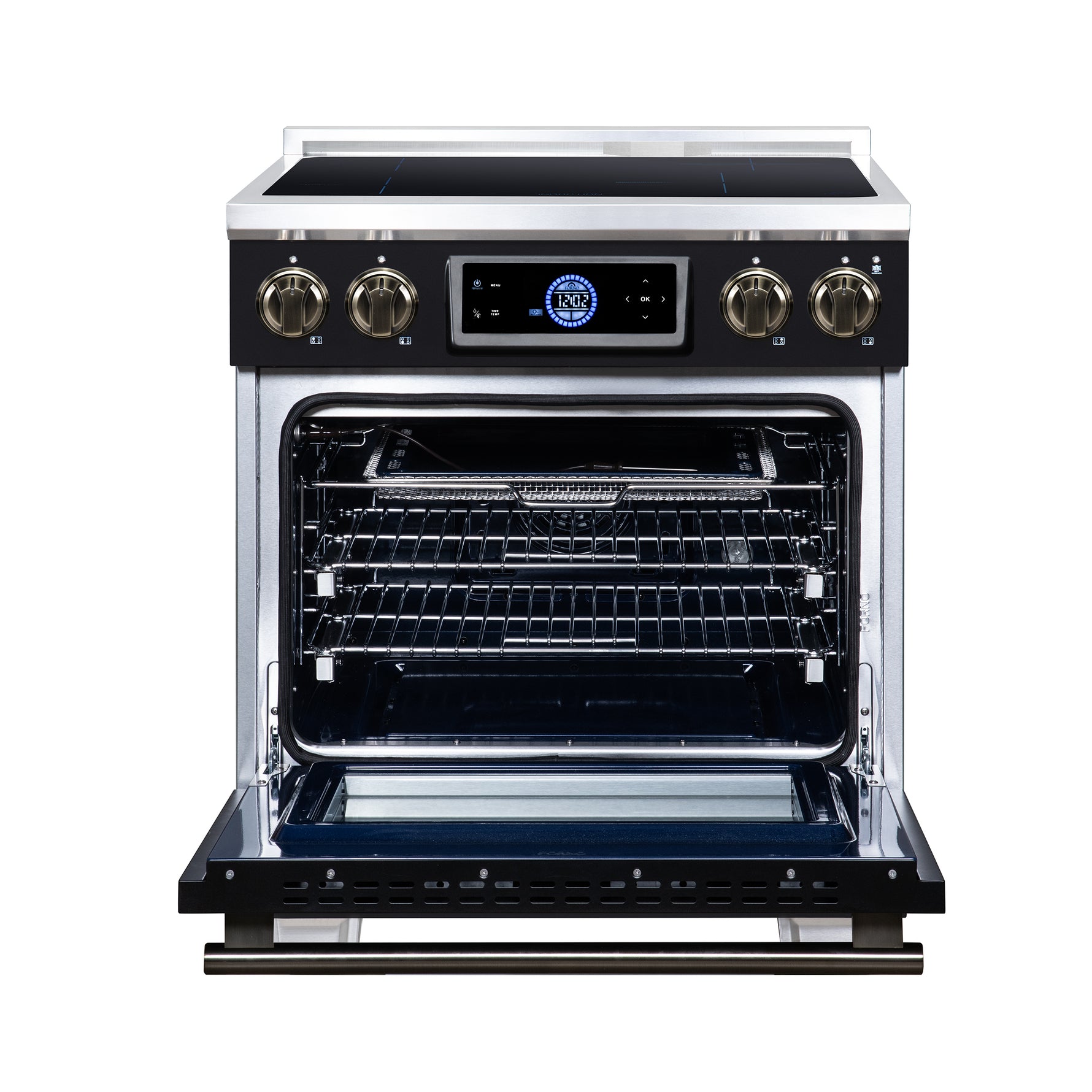 Maximus 30 Inch Induction Range, 8,800 Total Cooktop, 4.32 cf. True Convection Oven, Air Fryer, Air Sous Vide, Black