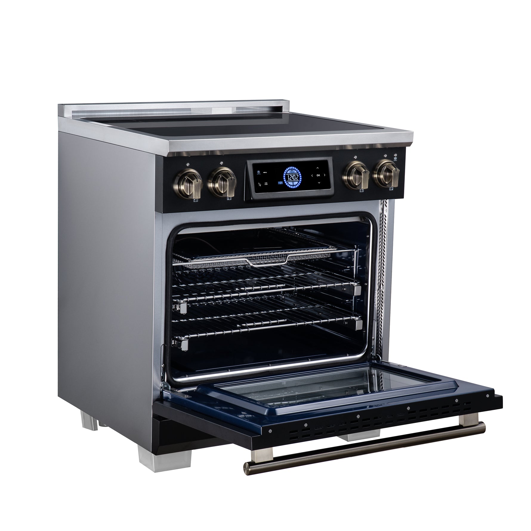 Maximus 30 Inch Induction Range, 8,800 Total Cooktop, 4.32 cf. True Convection Oven, Air Fryer, Air Sous Vide, Black