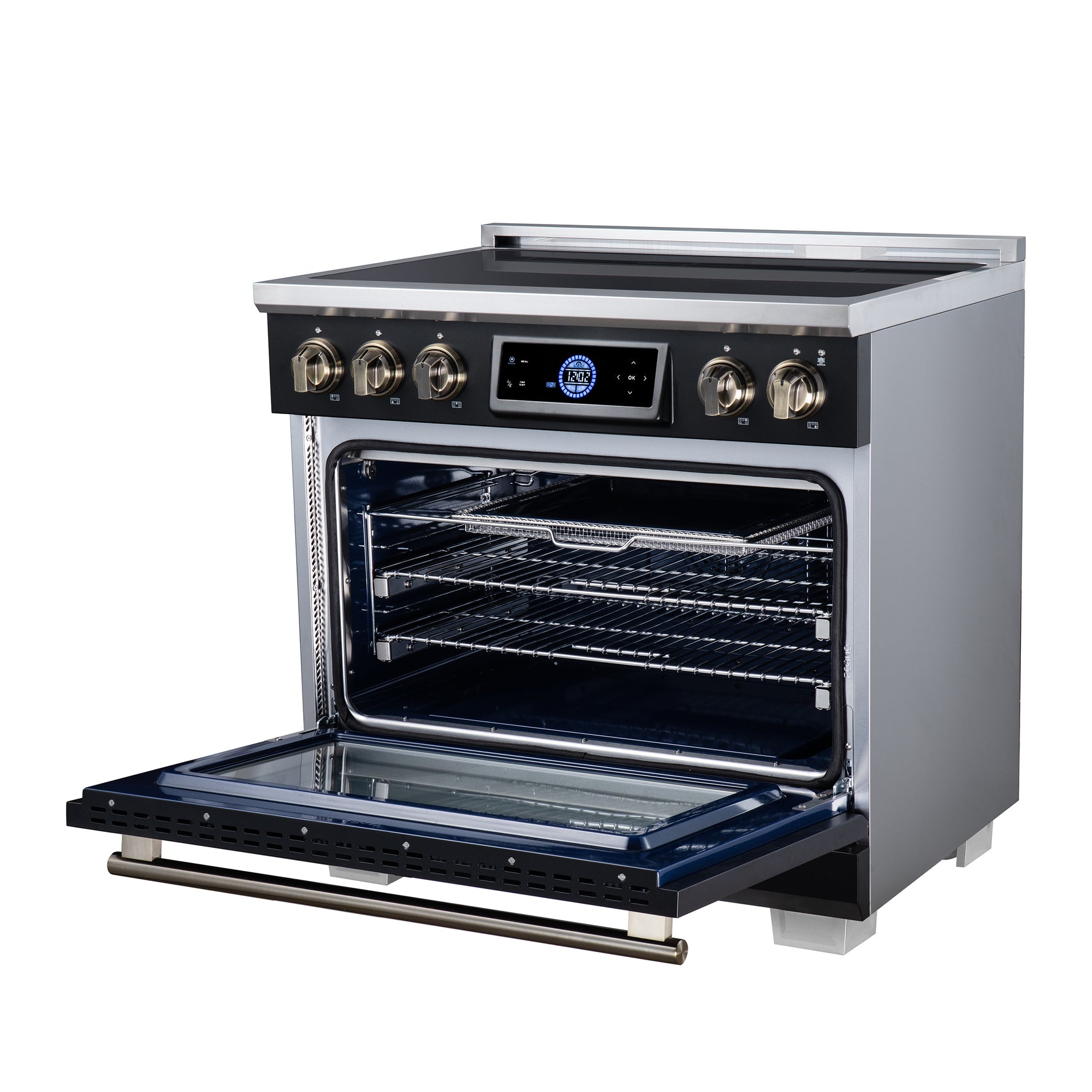 Maximus 36 Inch Induction Range, 10,900 Total Cooktop, 5.36 cf. True Convection Oven, Air Fryer, Air Sous Vide, Black