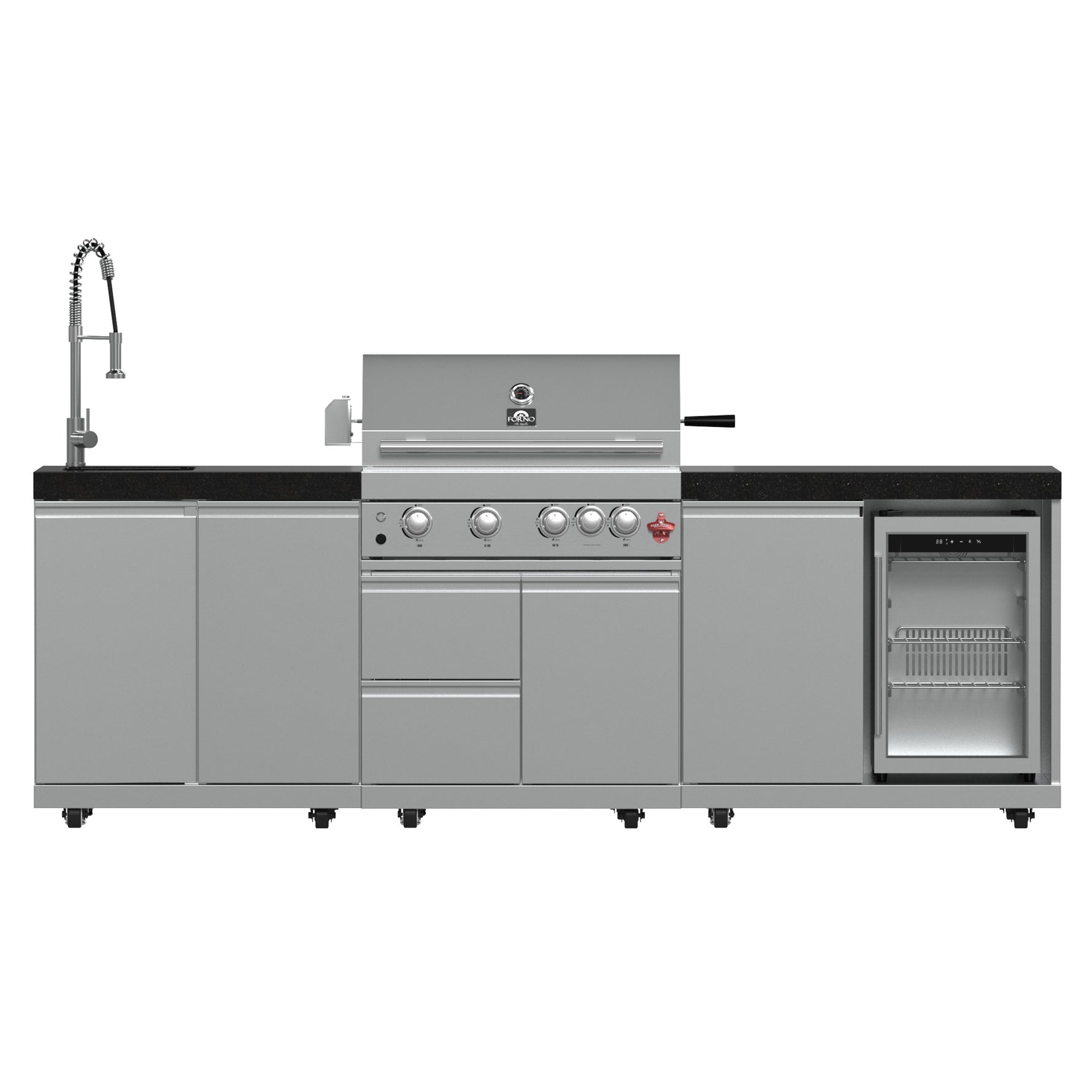 FORNO Bulnes 30-Inch BBQ, 60,000 BTU, 3 Burners with Sear & Rotisserie Infrared Burners, Stainless Steel Outdoor Kitchen with 1.8 cu.ft. Beverage Center & Black Granite Countertops - BonPrix Électroménagers