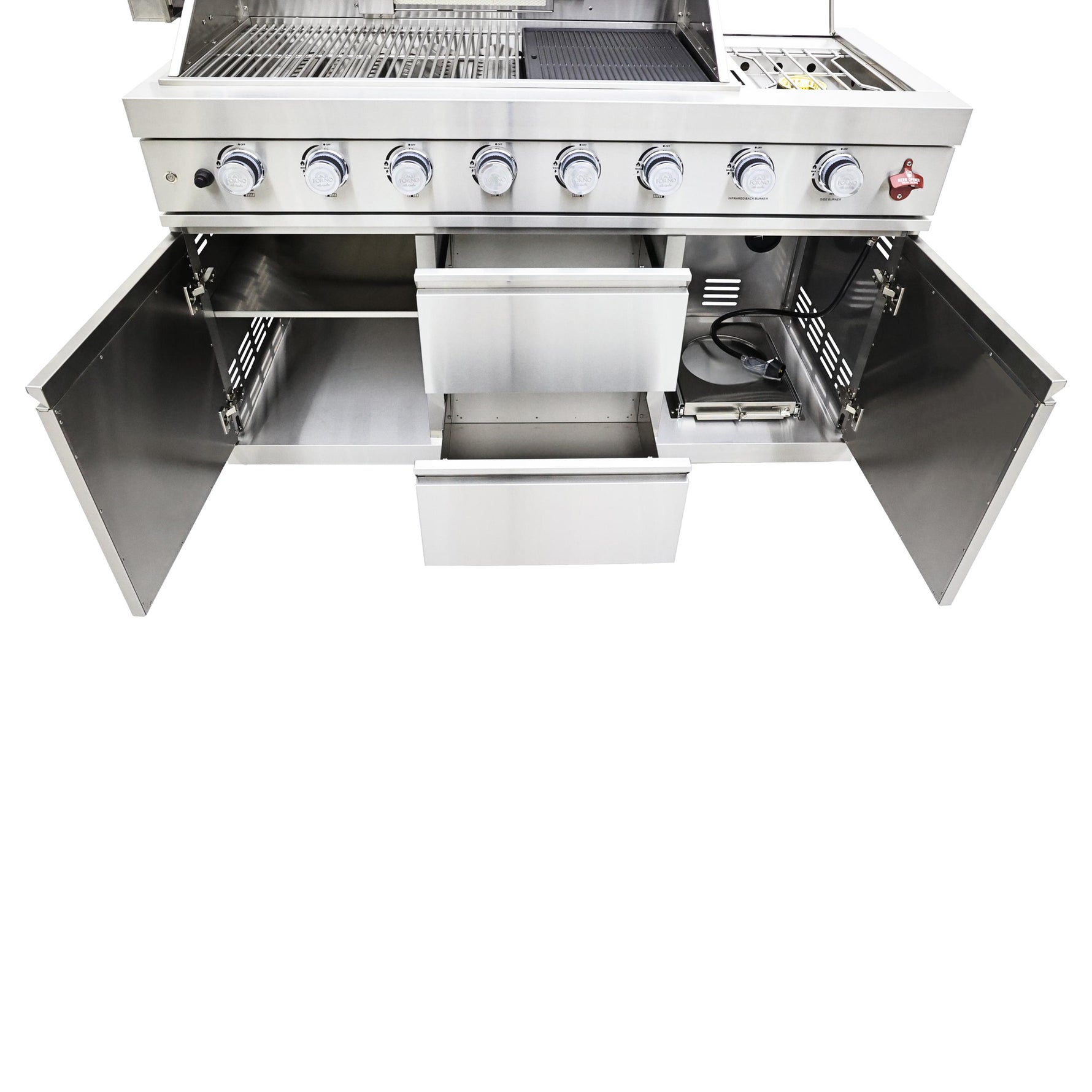 FORNO Bulnes 40-Inch BBQ, 95,000 BTU, 5 Burners, Sear & Rotisserie Infrared with Side Burner, Stainless Steel Outdoor Kitchen with 1.8 cu.ft. Beverage Center & White Sintered Stone Countertops - BonPrix Électroménagers