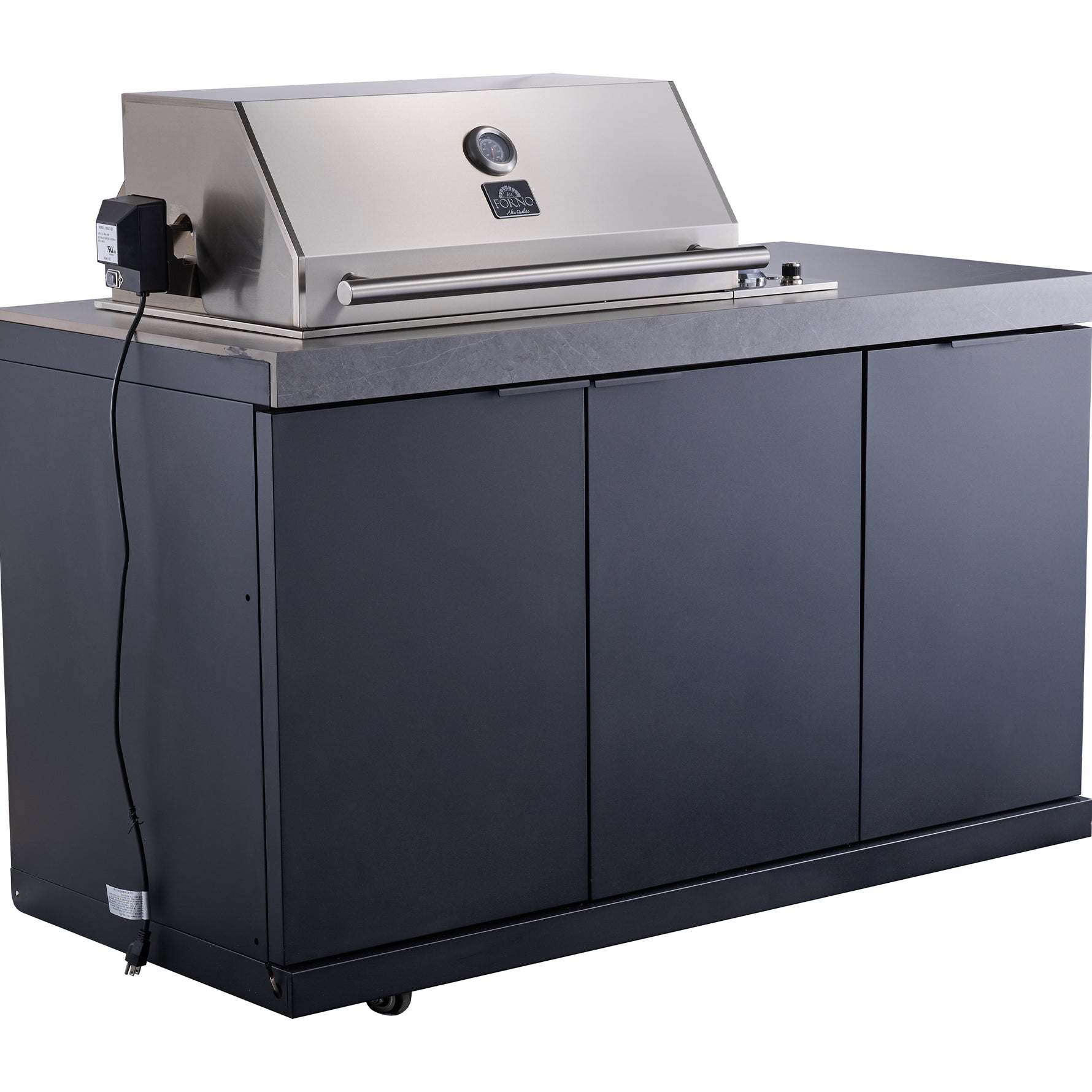 Forno Rimini Outdoor Kitchen 30" BBQ 62,600 BTU, 3 Burners with Sear & Rotisserie, 2.4 cu.ft. Beverage Center, Stainless Steel Sink, Black Cabinets & Gray Sintered Stone Countertop - BonPrix Électroménagers