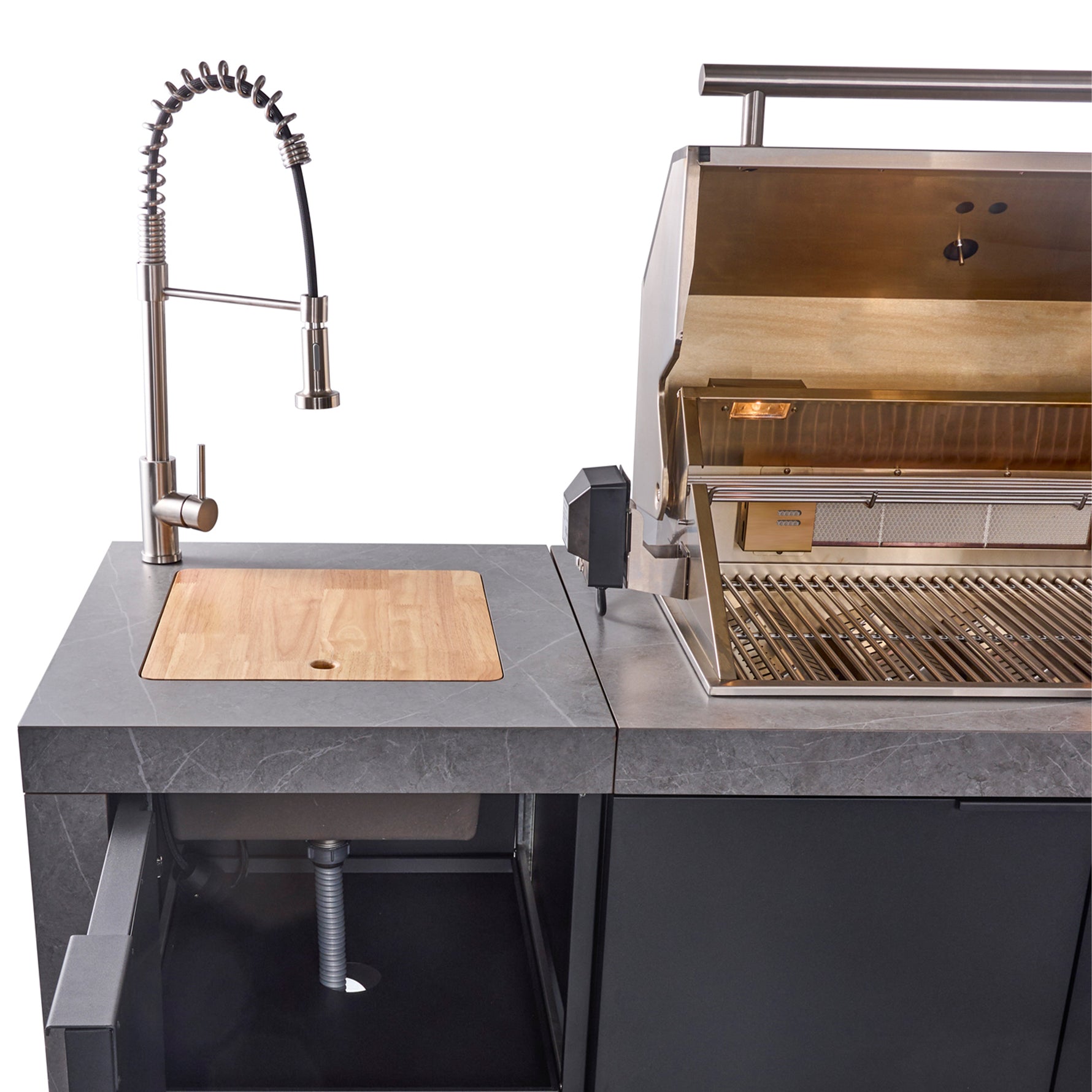 Forno Rimini Outdoor Kitchen 30" BBQ 62,600 BTU, 3 Burners with Sear & Rotisserie, 2.4 cu.ft. Beverage Center, Stainless Steel Sink, Black Cabinets & Gray Sintered Stone Countertop - BonPrix Électroménagers