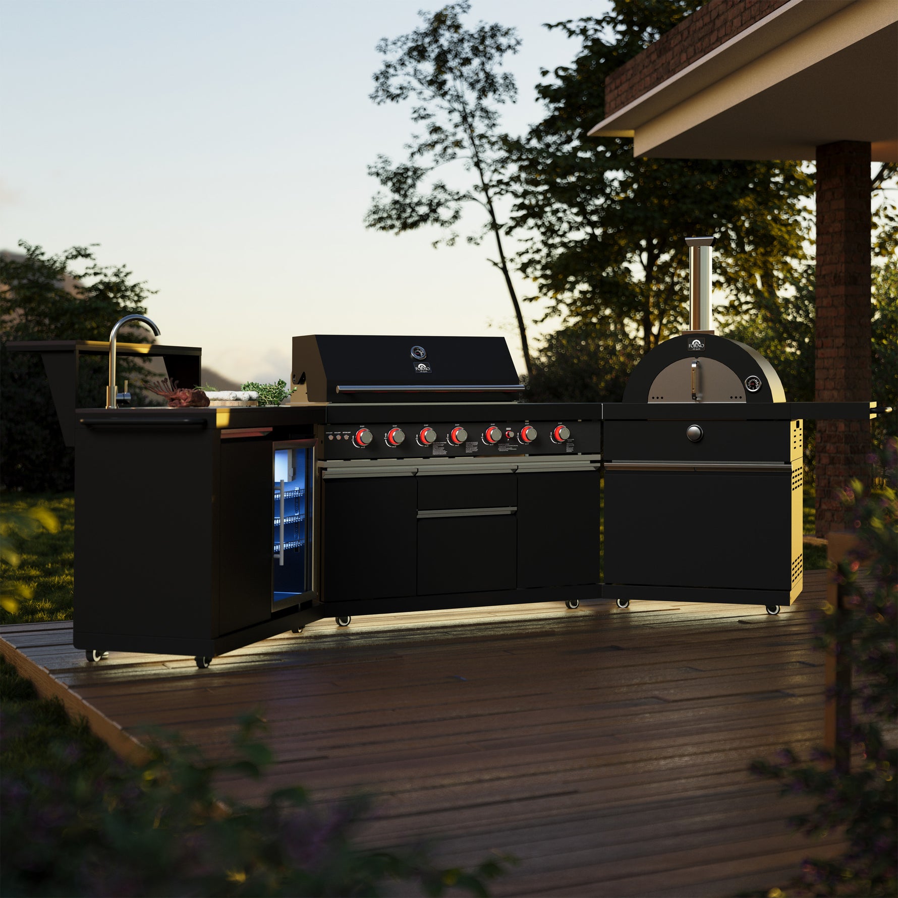Forno All’Aperto 87,600 BTU Outdoor Kitchen, 4 Burners, Infrared Burners, Side Burner, Black Sintered Stone Countertops, Gas Pizza Oven, Sink Module, Bar & Beverage Center - BonPrix Électroménagers