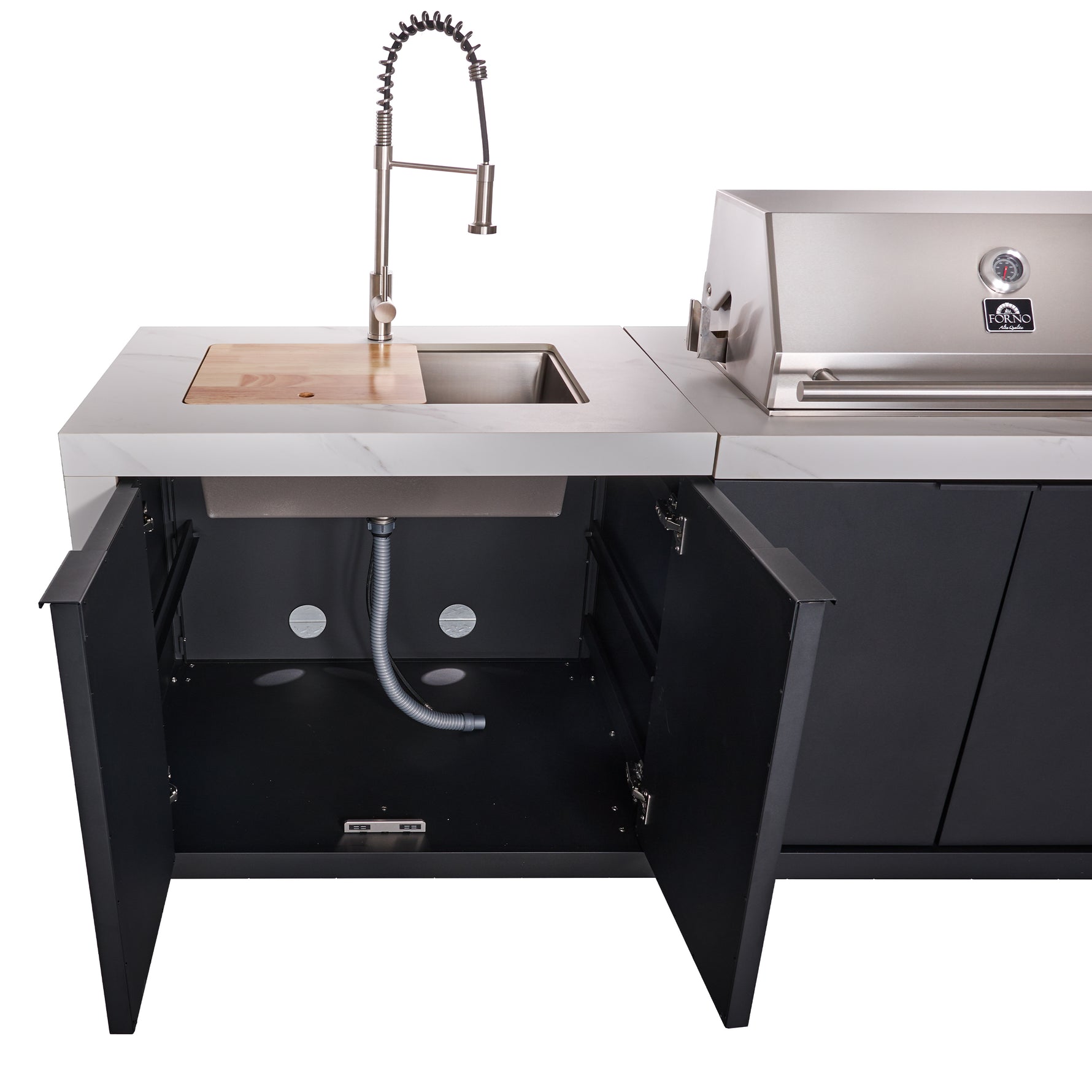 Forno Rimini Outdoor Kitchen: 30" BBQ 62,600 BTU, 4.8 cu.ft. Refrigerators, White Countertops - BonPrix Électroménagers