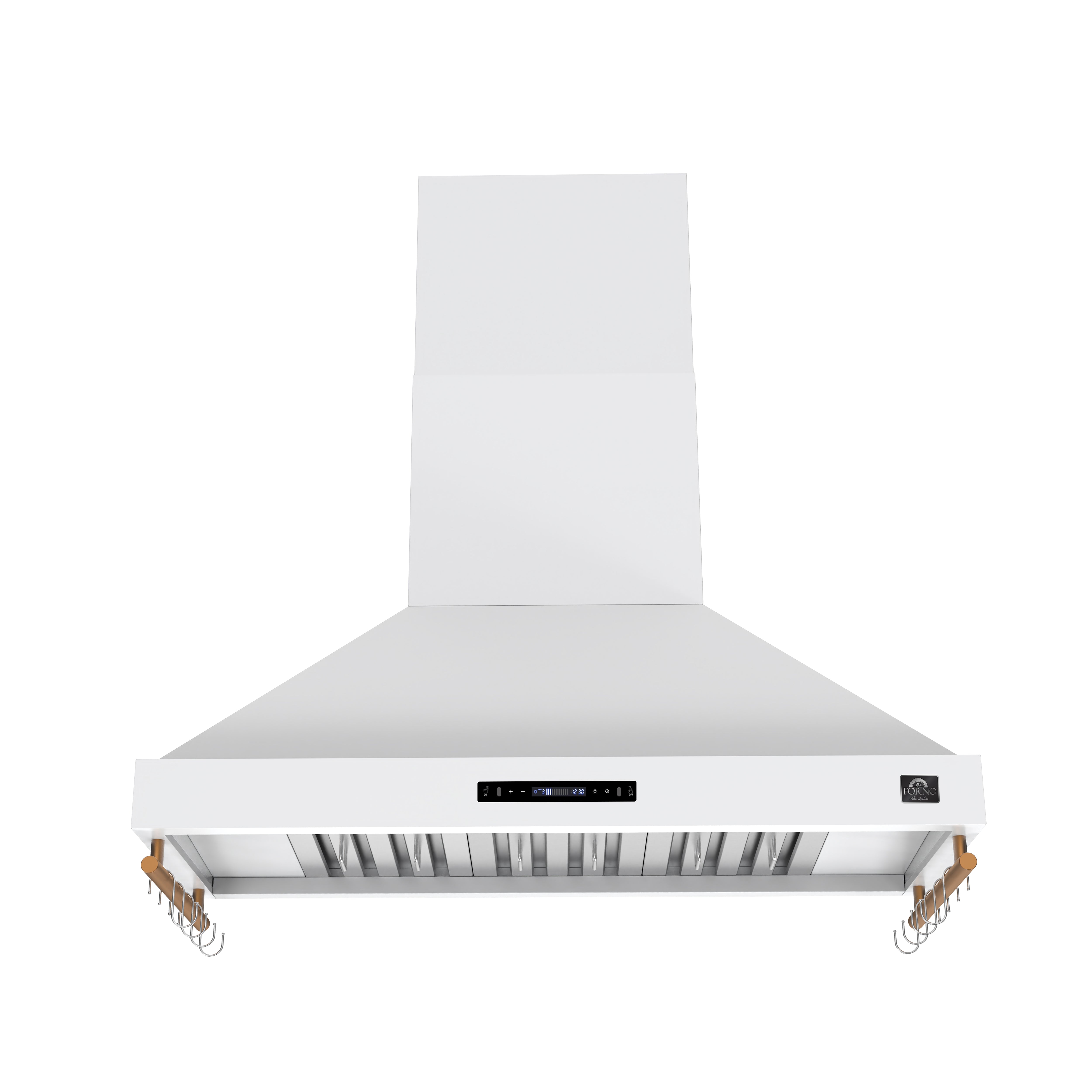 Forno Venezia 48 Inch Wall-Mounted Range Hood in White with Antique Brass Accessories, Touch Controls and Baffle Filters - BonPrix Électroménagers