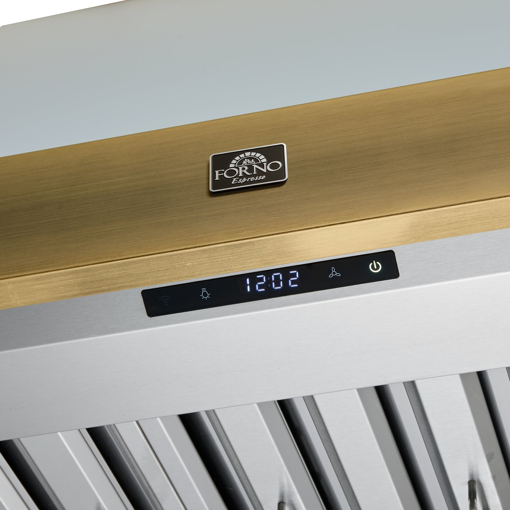 Forno Vittorio 36-Inch Wall Mount Range Hood, White with Antique Brass Trim, 600 CFM Airflow, Dishwasher-Safe Baffle Filters, Remote Control, 3-Speed Fan, Bright LED Lighting. - BonPrix Électroménagers
