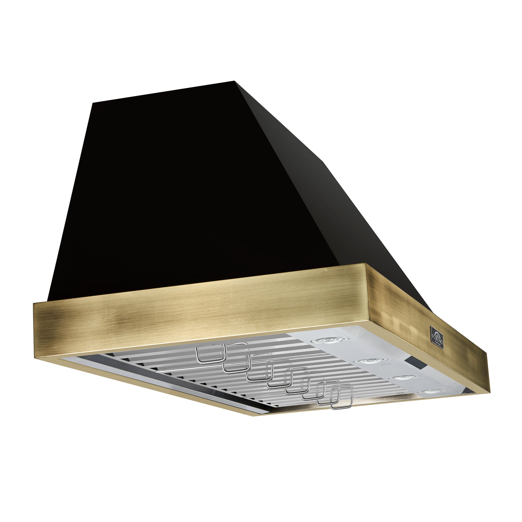 Forno Vittorio 48-Inch Wall Mount Range Hood, Black with Antique Brass Trim, 600 CFM Airflow, Dishwasher-Safe Baffle Filters, Remote Control, 3-Speed Fan, Bright LED Lighting. - BonPrix Électroménagers
