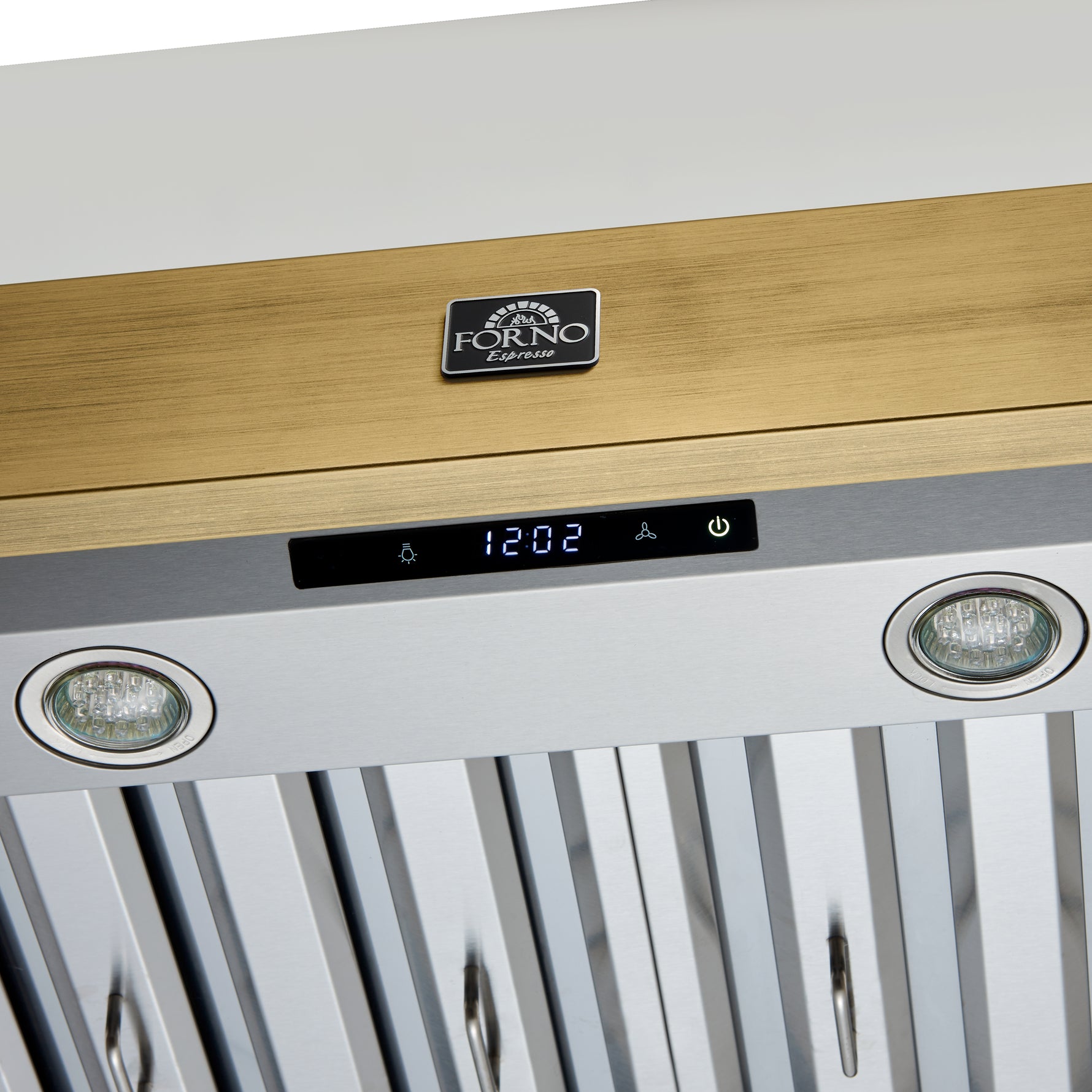 Forno Vittorio 48-Inch Wall Mount Range Hood, White with Antique Brass Trim, 600 CFM Airflow, Dishwasher-Safe Baffle Filters, Remote Control, 3-Speed Fan, Bright LED Lighting - BonPrix Électroménagers