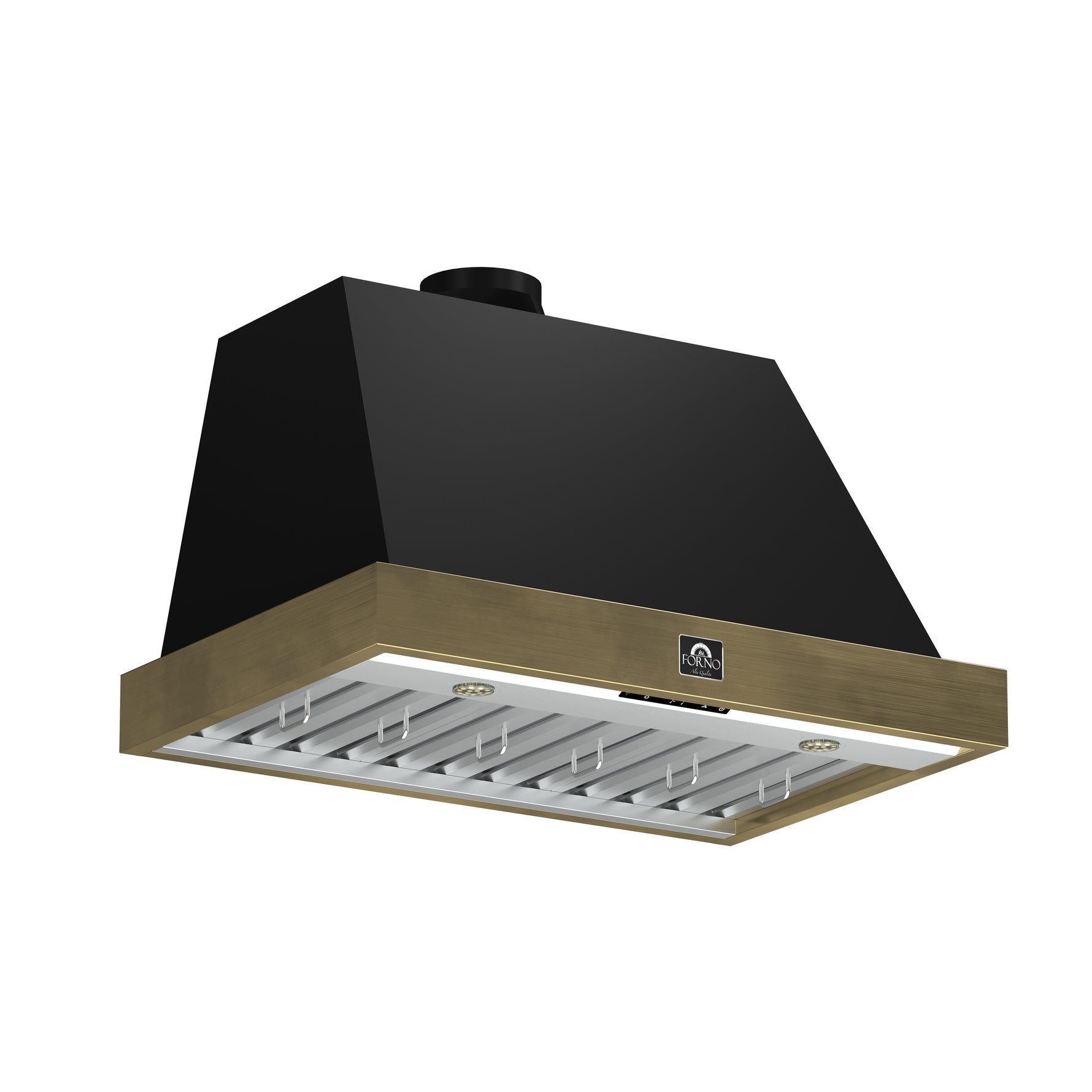 Forno Vittorio 36-Inch Wall Mount Range Hood, Black with Antique Brass Trim, 600 CFM Airflow, Dishwasher-Safe Baffle Filters, Remote Control, 3-Speed Fan, Bright LED Lighting. - BonPrix Électroménagers