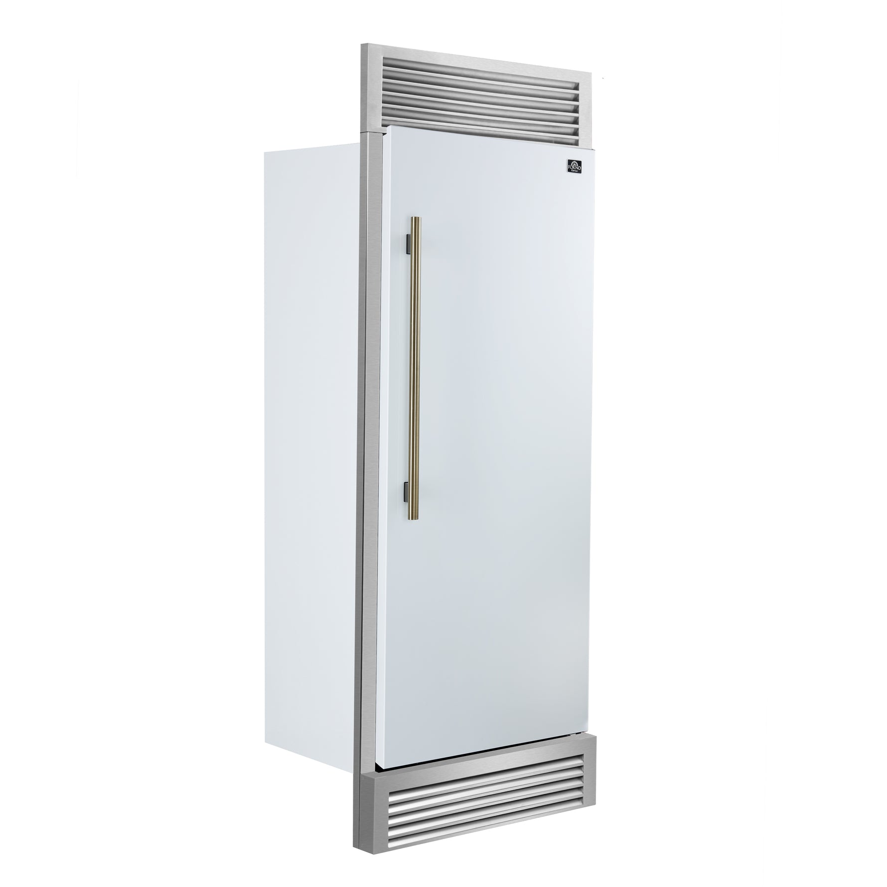 Forno Maderno 28-Inch Built-In Convertible Refrigerator in White with Antique Brass Handle, 13.6 cu.ft. Right Swing with Decorative Trim - 32-Inch Wide - BonPrix Électroménagers