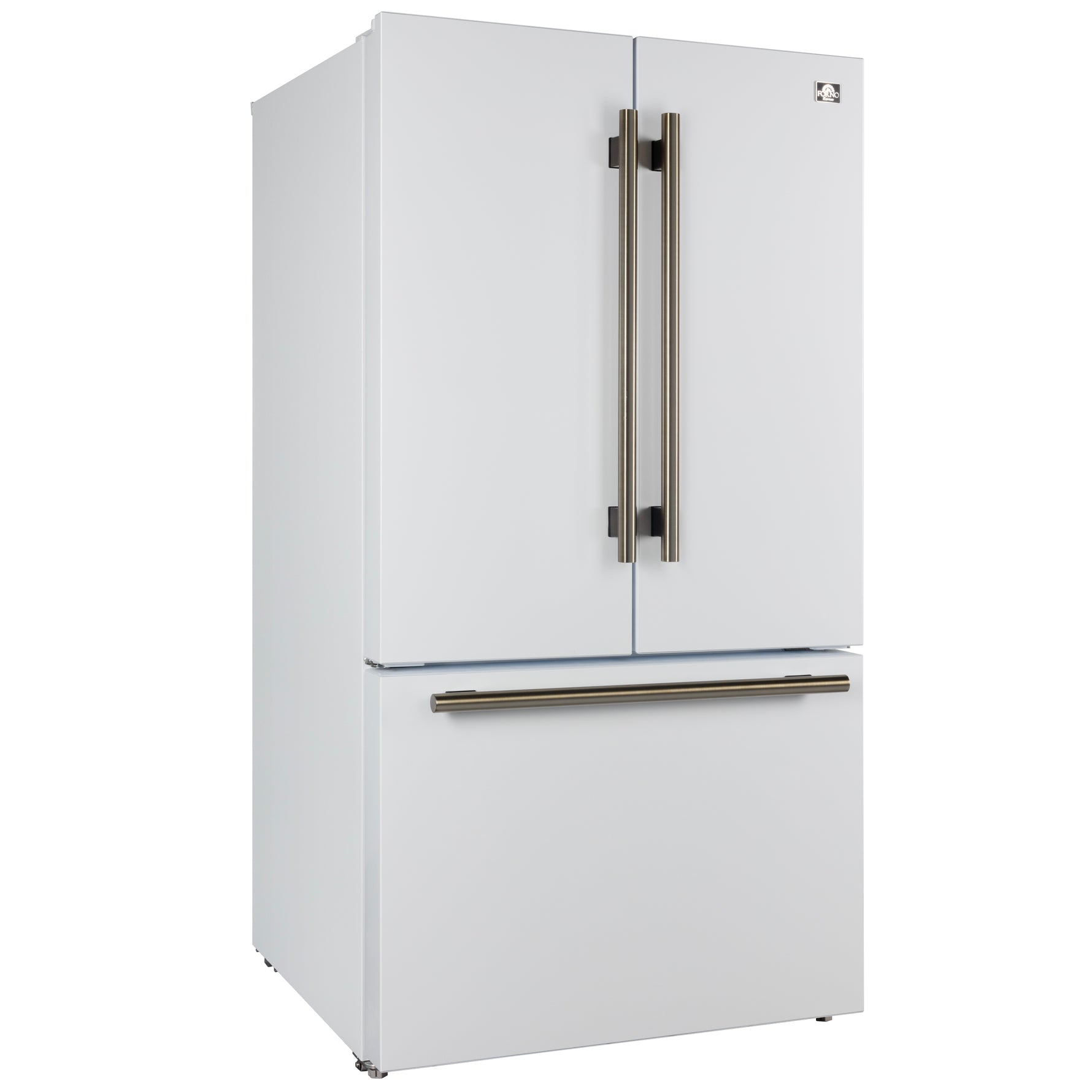 Forno Rivello 36 Inch French Door Refrigerator in White with Antique Brass, Internal Water Dispenser, Filtered Ice, Adjustable Shelves, Energy Star Certified - BonPrix Électroménagers