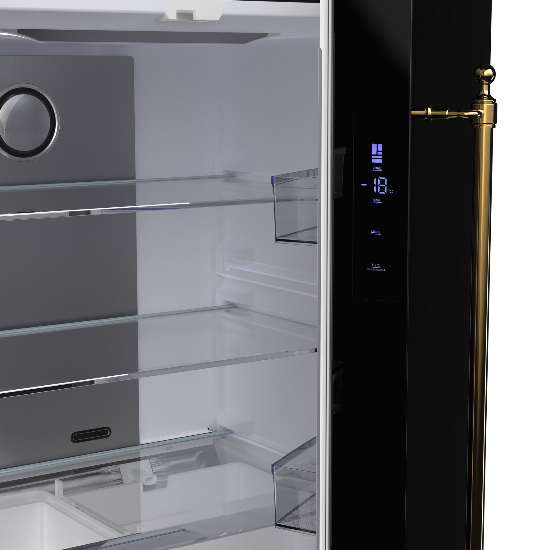 Forno Luigi 33-Inch French Door Refrigerator, 18 cu.ft, Black Finish, Antique Brass Handles, ENERGY STAR Certified - BonPrix Électroménagers