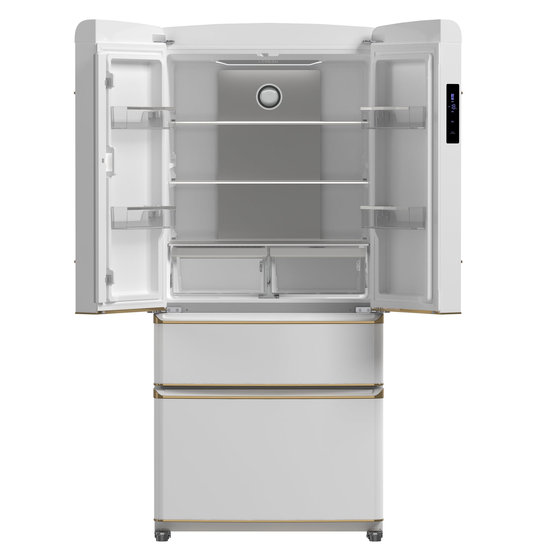 Forno Luigi 33-Inch French Door Refrigerator, 18 cu.ft, White Finish, Antique Brass Handles, ENERGY STAR Certified - BonPrix Électroménagers