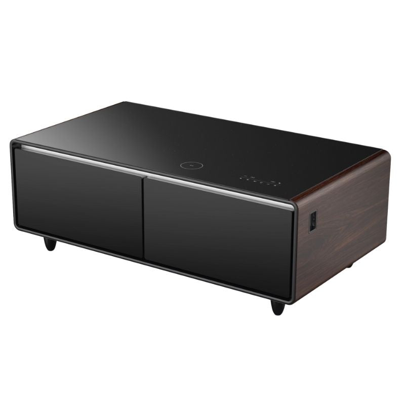 Table Basse Intelligente Forno Evoluto de 51 pouces avec Côtés en Bois – Zones de Refroidissement Doubles, Tapis de Charge Sans Fil et Haut-Parleurs Bluetooth Intégrés