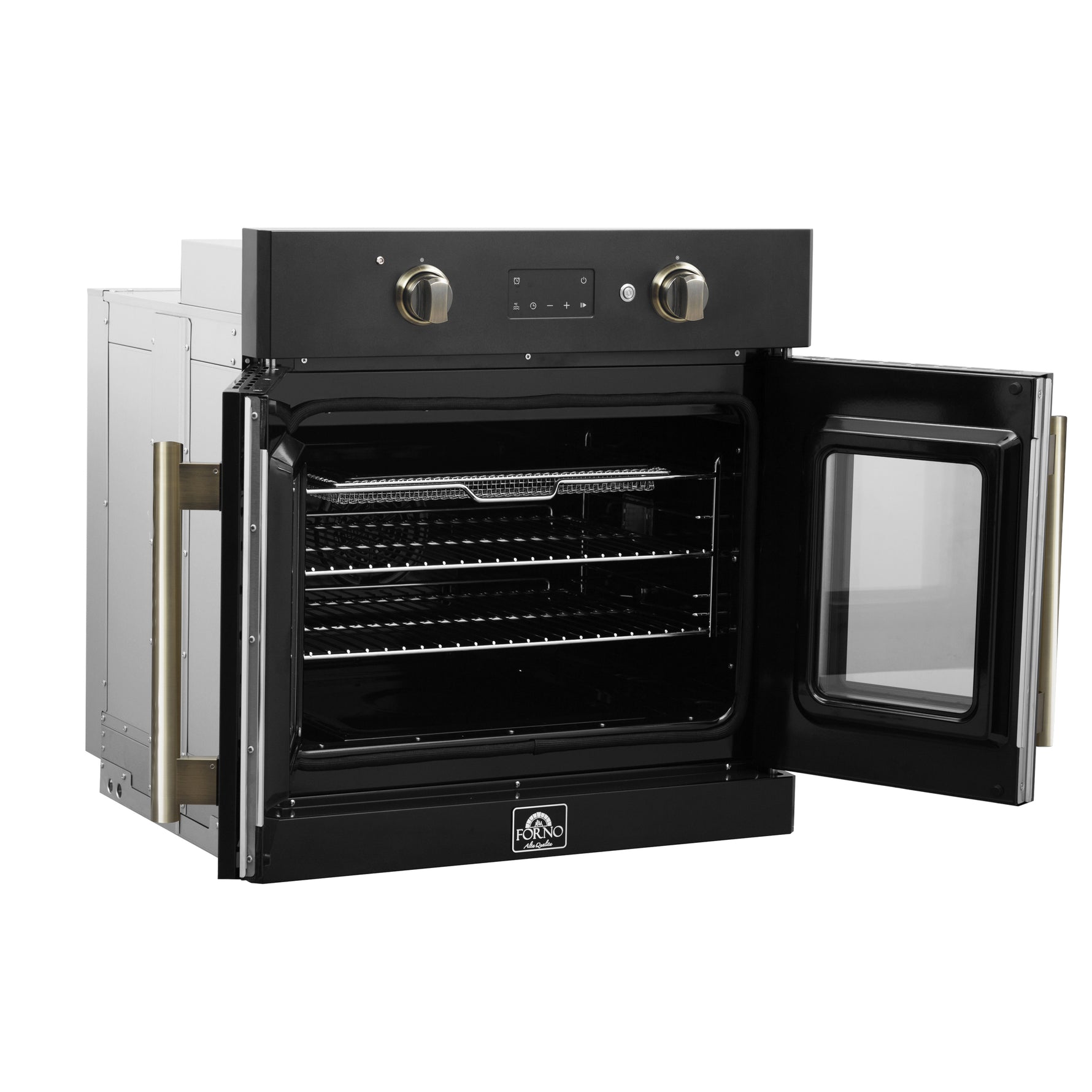 Forno Asti 30-Inch French Door Electric Wall Oven in Black & Antique Brass, 3.68 cu. ft. True Convection, 3,600W, Air Fry, Sous Vide, Self-Clean - BonPrix Électroménagers