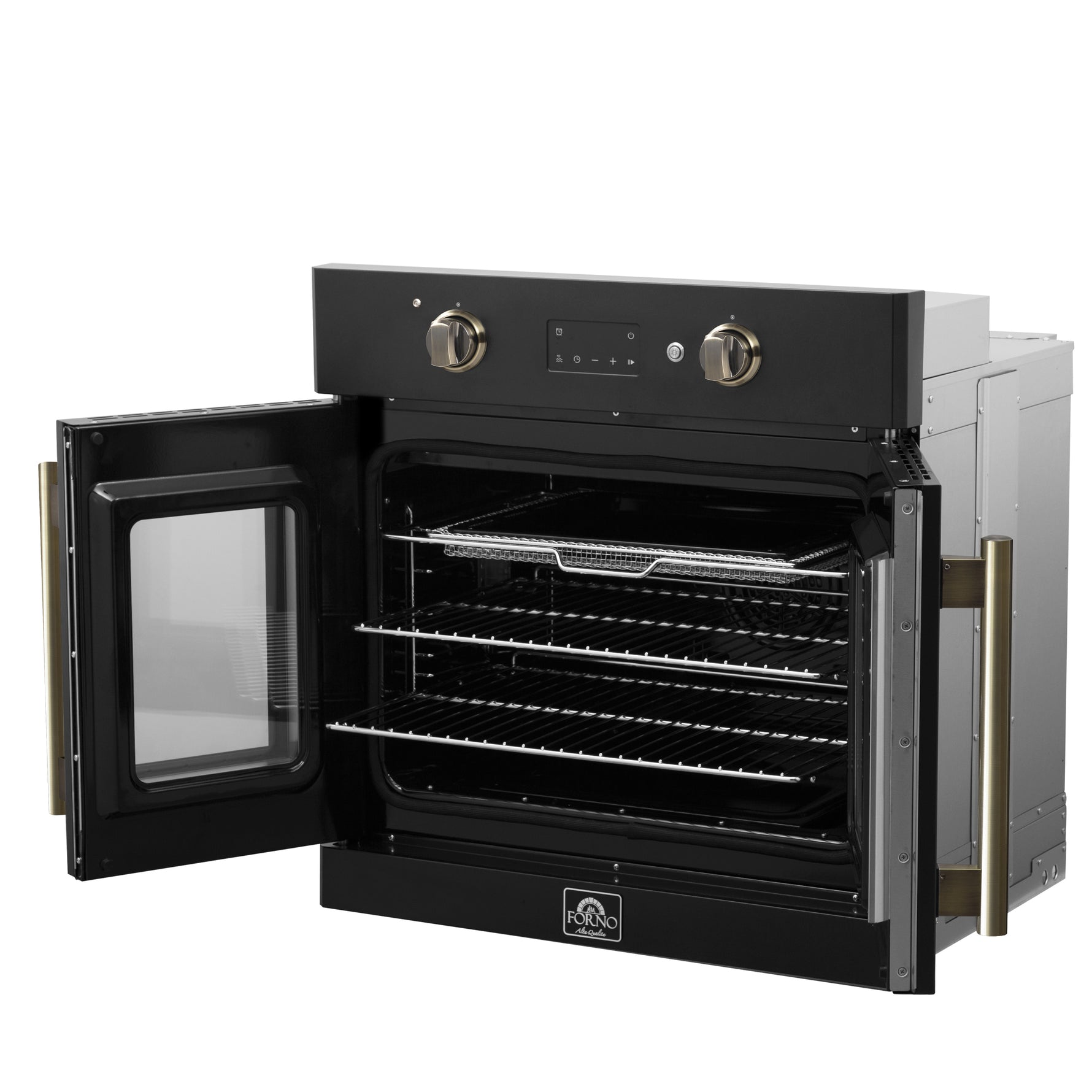 Forno Asti 30-Inch French Door Electric Wall Oven in Black & Antique Brass, 3.68 cu. ft. True Convection, 3,600W, Air Fry, Sous Vide, Self-Clean - BonPrix Électroménagers