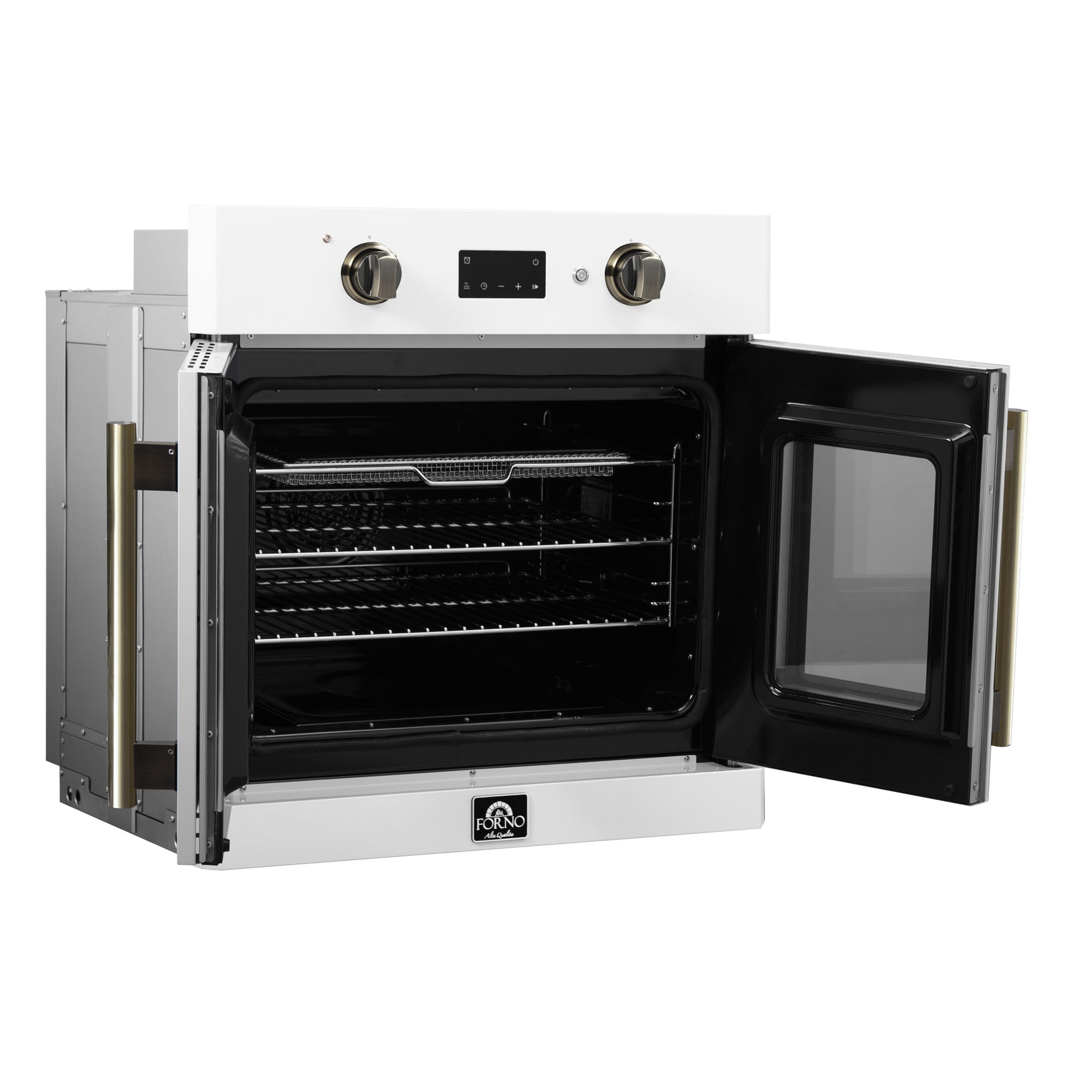 Forno Asti 30-Inch French Door Electric Wall Oven in White & Antique Brass, 3.68 cu. ft. True Convection, 3,600W, Air Fry, Sous Vide, Self-Clean - BonPrix Électroménagers