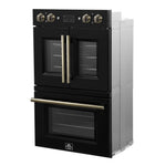 Forno Asti 30-Inch Double Electric Wall Oven with Upper French Doors in Black & Antique Brass, 7.36 cu. ft. Dual True Convection, 7,200W, Air Fry, Sous Vide, Self-Clean - BonPrix Électroménagers