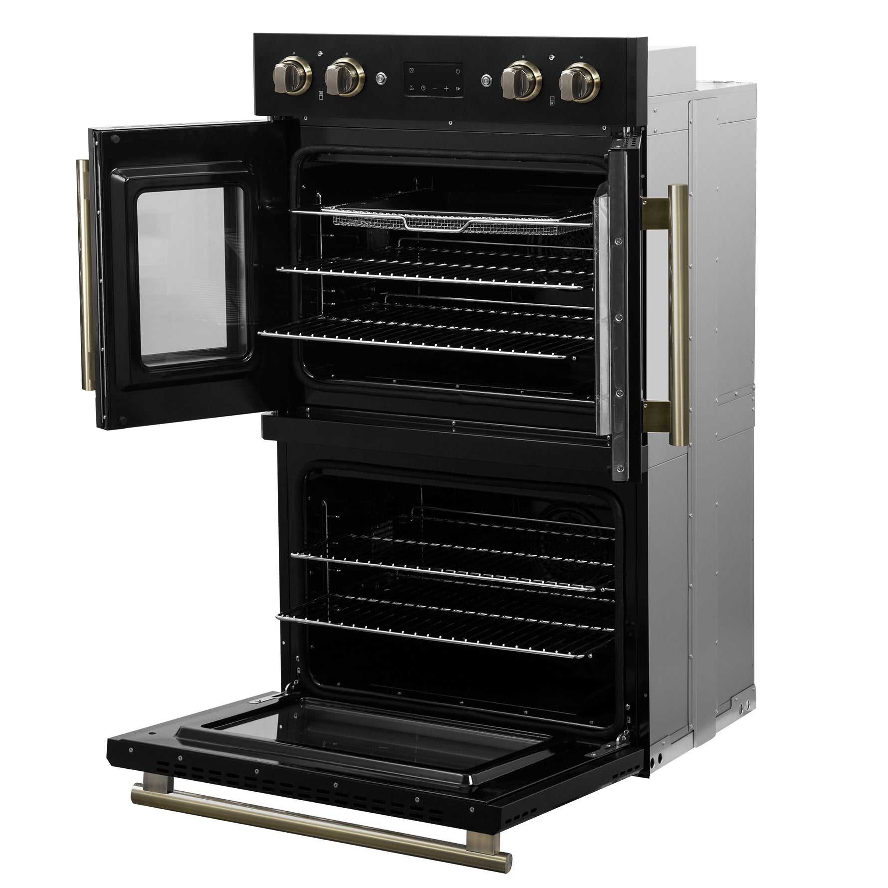 Forno Asti 30-Inch Double Electric Wall Oven with Upper French Doors in Black & Antique Brass, 7.36 cu. ft. Dual True Convection, 7,200W, Air Fry, Sous Vide, Self-Clean - BonPrix Électroménagers