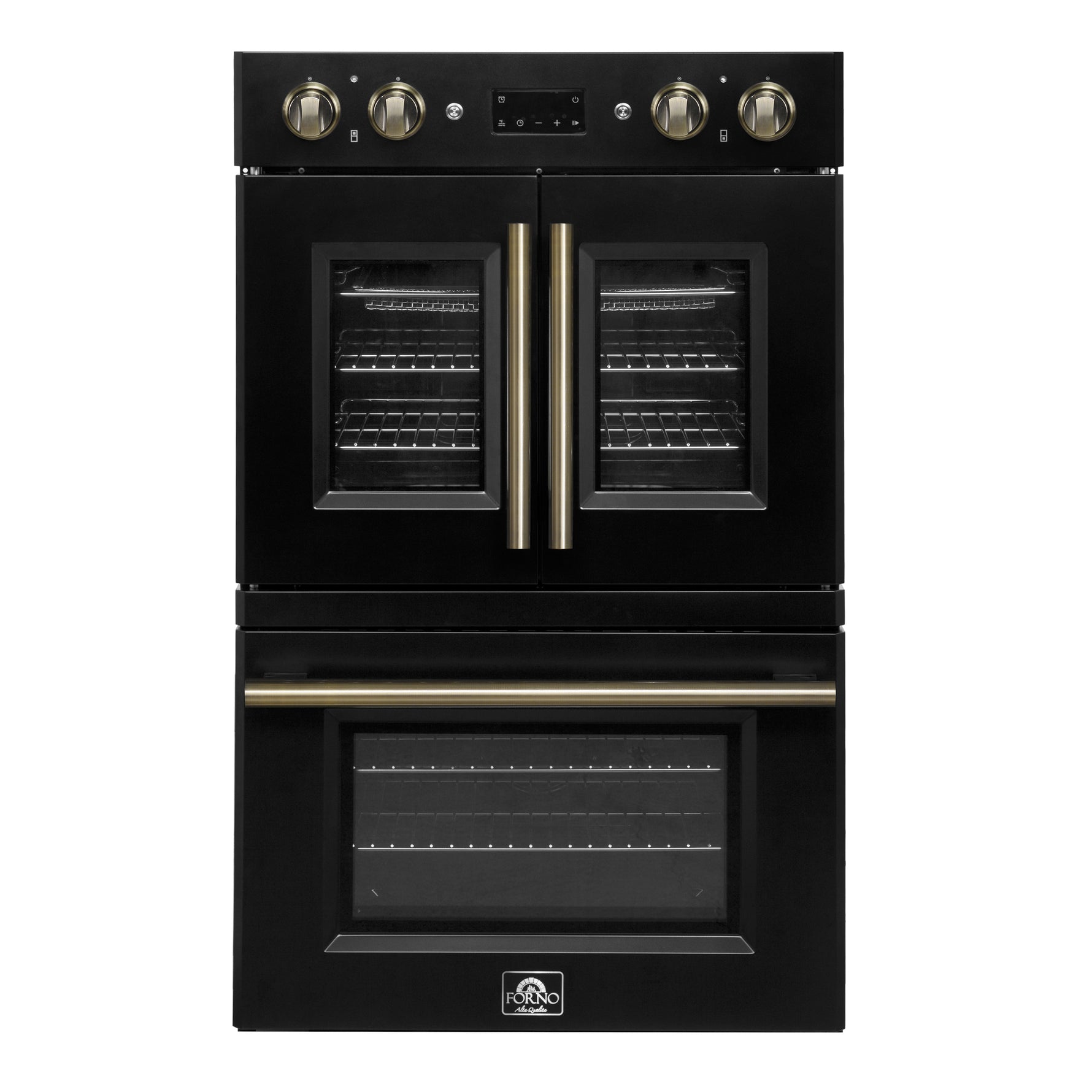 Forno Asti 30-Inch Double Electric Wall Oven with Upper French Doors in Black & Antique Brass, 7.36 cu. ft. Dual True Convection, 7,200W, Air Fry, Sous Vide, Self-Clean - BonPrix Électroménagers