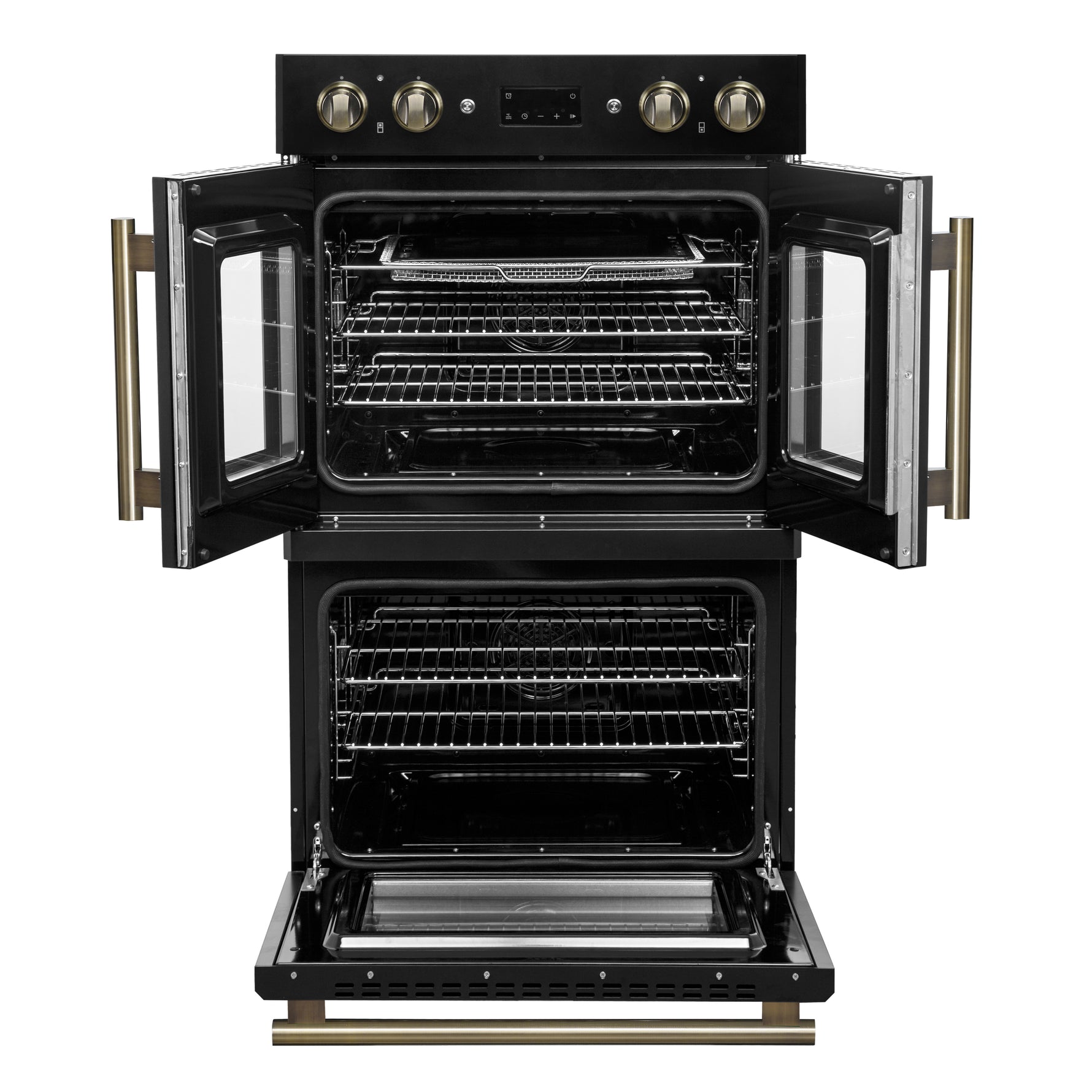 Forno Asti 30-Inch Double Electric Wall Oven with Upper French Doors in Black & Antique Brass, 7.36 cu. ft. Dual True Convection, 7,200W, Air Fry, Sous Vide, Self-Clean - BonPrix Électroménagers