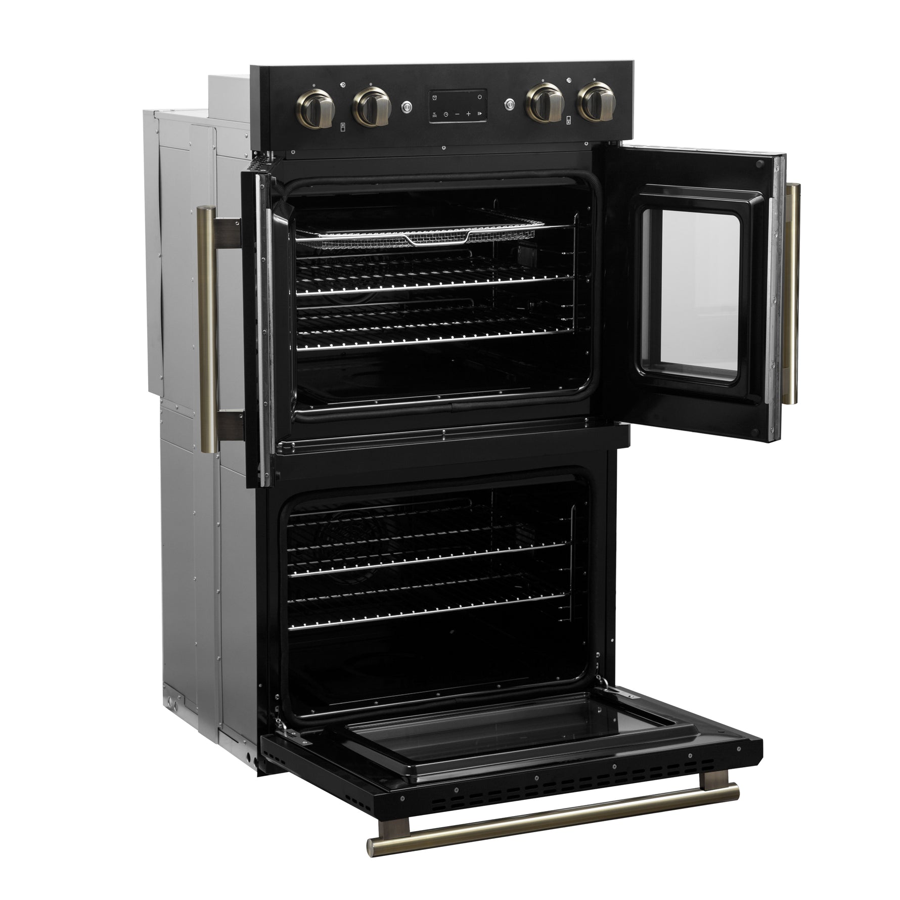 Forno Asti 30-Inch Double Electric Wall Oven with Upper French Doors in Black & Antique Brass, 7.36 cu. ft. Dual True Convection, 7,200W, Air Fry, Sous Vide, Self-Clean - BonPrix Électroménagers