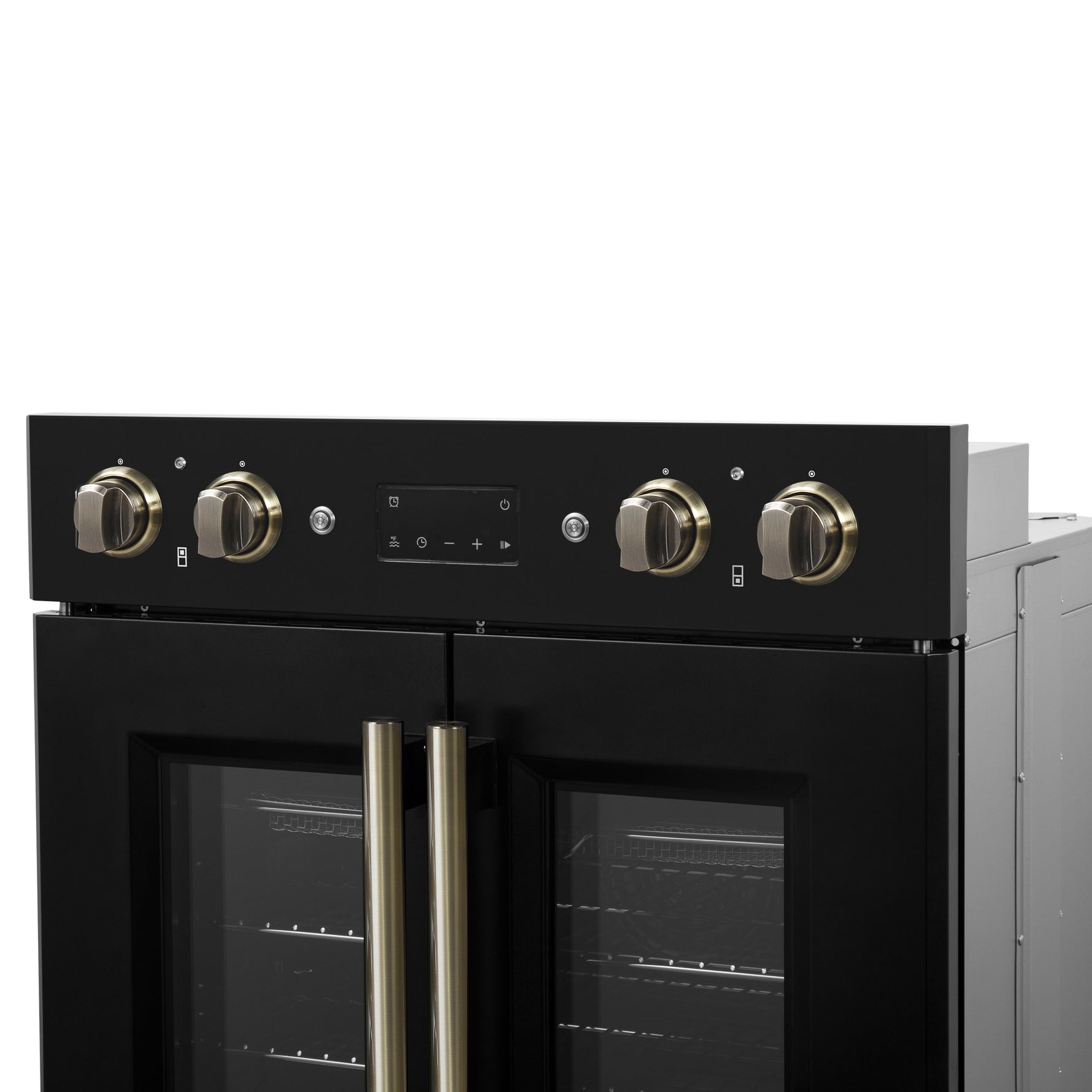 Forno Asti 30-Inch Double Electric Wall Oven with Upper French Doors in Black & Antique Brass, 7.36 cu. ft. Dual True Convection, 7,200W, Air Fry, Sous Vide, Self-Clean - BonPrix Électroménagers