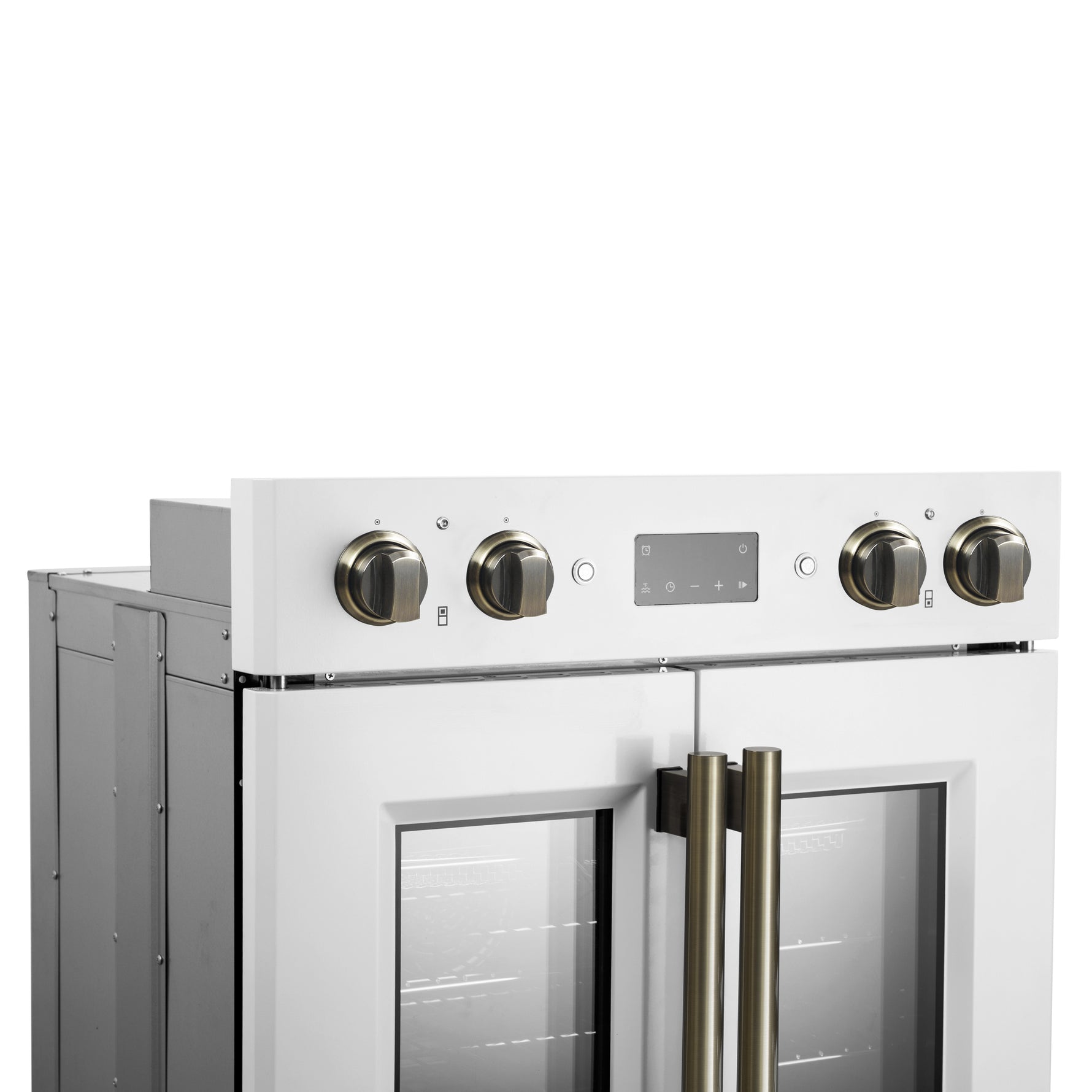 Forno Asti 30-Inch Double Electric Wall Oven with Upper French Doors in White & Antique Brass, 7.36 cu. ft. Dual True Convection, 7,200W, Air Fry, Sous Vide, Self-Clean - BonPrix Électroménagers