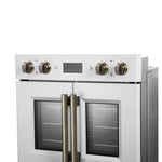 Forno Asti 30-Inch Double Electric Wall Oven with Upper French Doors in White & Antique Brass, 7.36 cu. ft. Dual True Convection, 7,200W, Air Fry, Sous Vide, Self-Clean - BonPrix Électroménagers