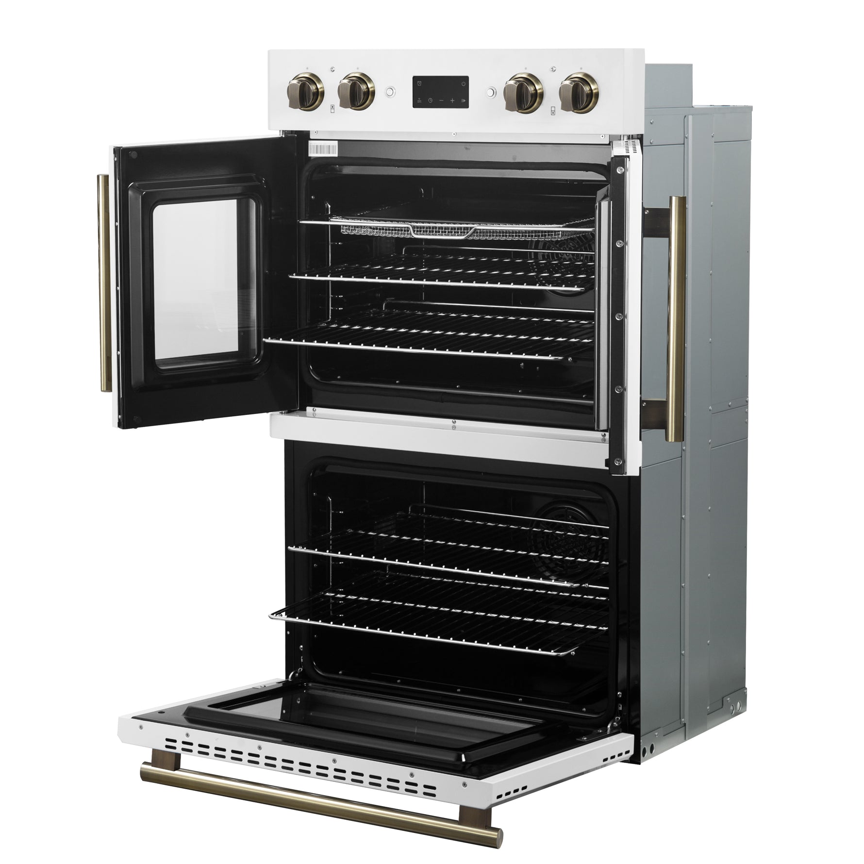 Forno Asti 30-Inch Double Electric Wall Oven with Upper French Doors in White & Antique Brass, 7.36 cu. ft. Dual True Convection, 7,200W, Air Fry, Sous Vide, Self-Clean - BonPrix Électroménagers
