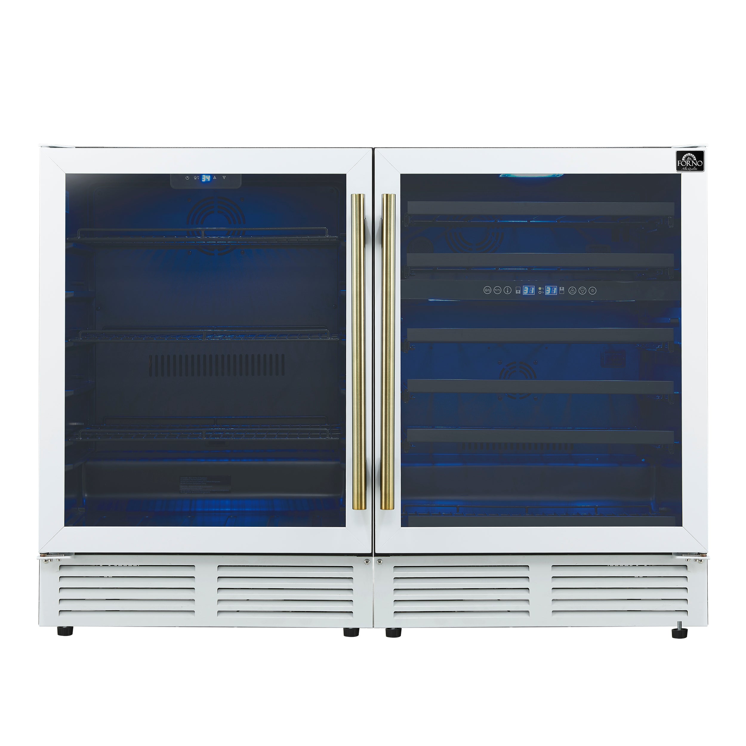 Gemello 48 Inch Side-by-Side Wine and Beverage Cooler in White with Antique Brass Handles, French Door, 9.6 cu. ft. - BonPrix Électroménagers