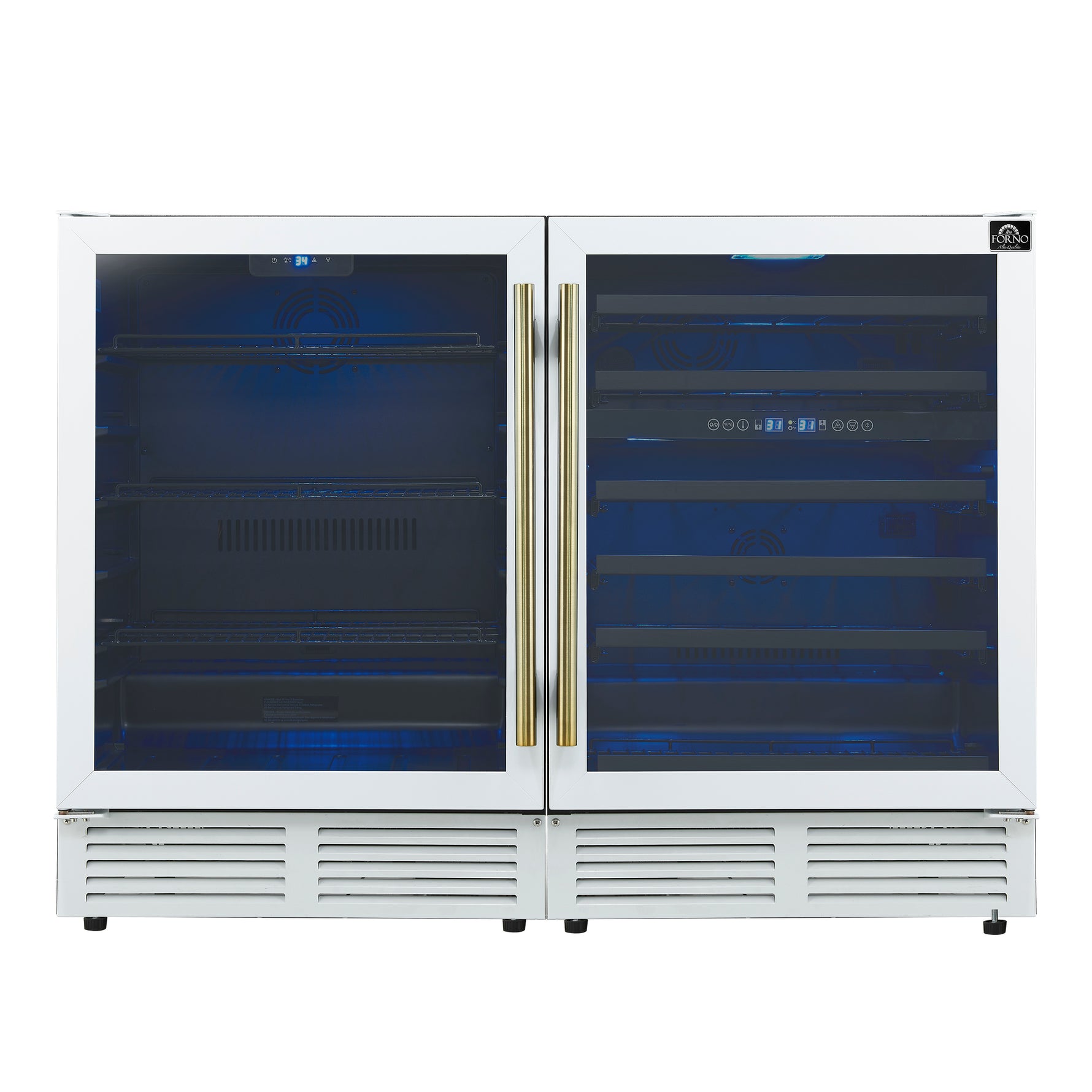 Gemello 48 Inch Side-by-Side Wine and Beverage Cooler in White with Antique Brass Handles, French Door, 9.6 cu. ft. - BonPrix Électroménagers