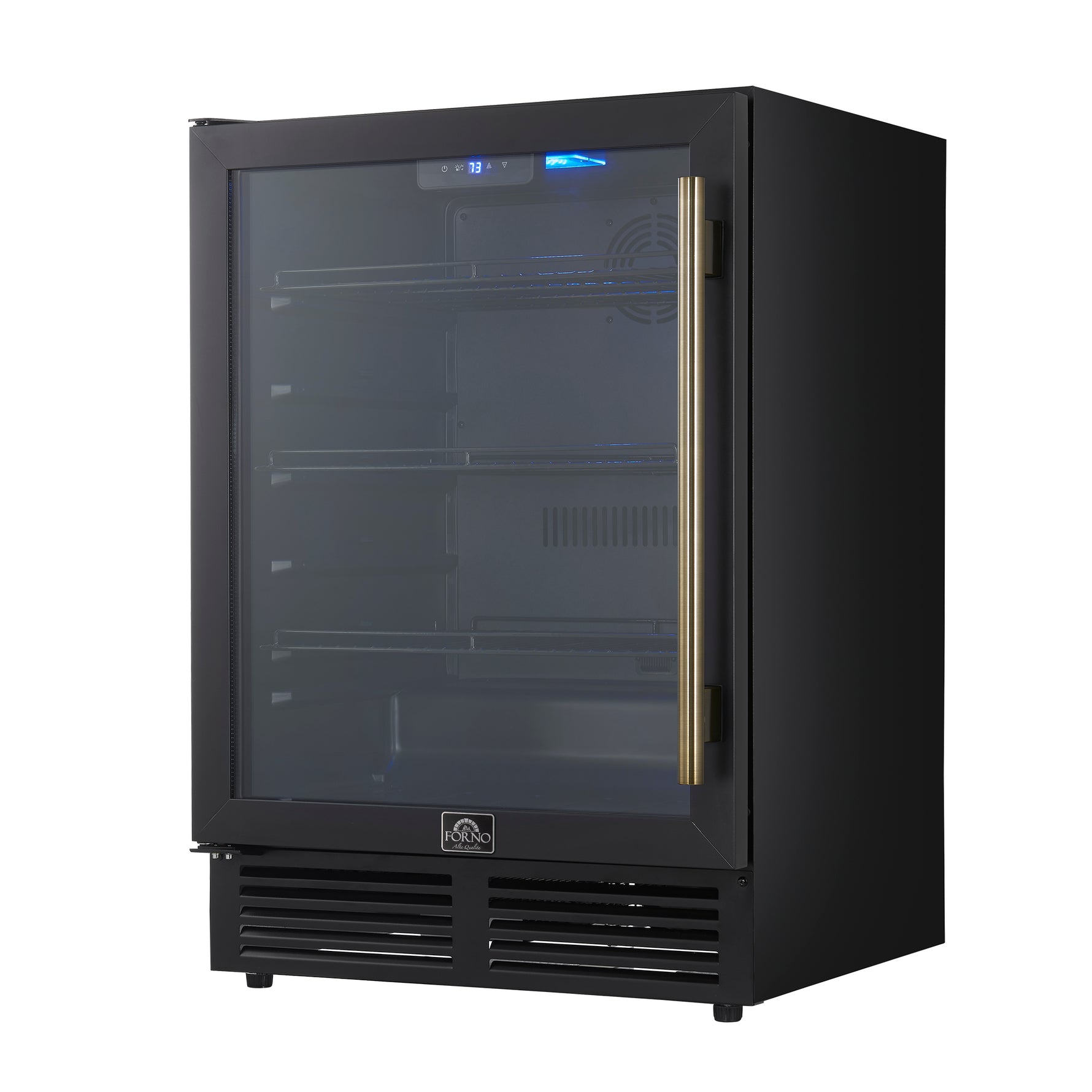 Forno Frescolino 24 Inch Beverage Cooler, Black with Antique Brass Handles, with LED Lighting, Triple Glass Door, 188 Can Capacity, Built-In or Freestanding - BonPrix Électroménagers