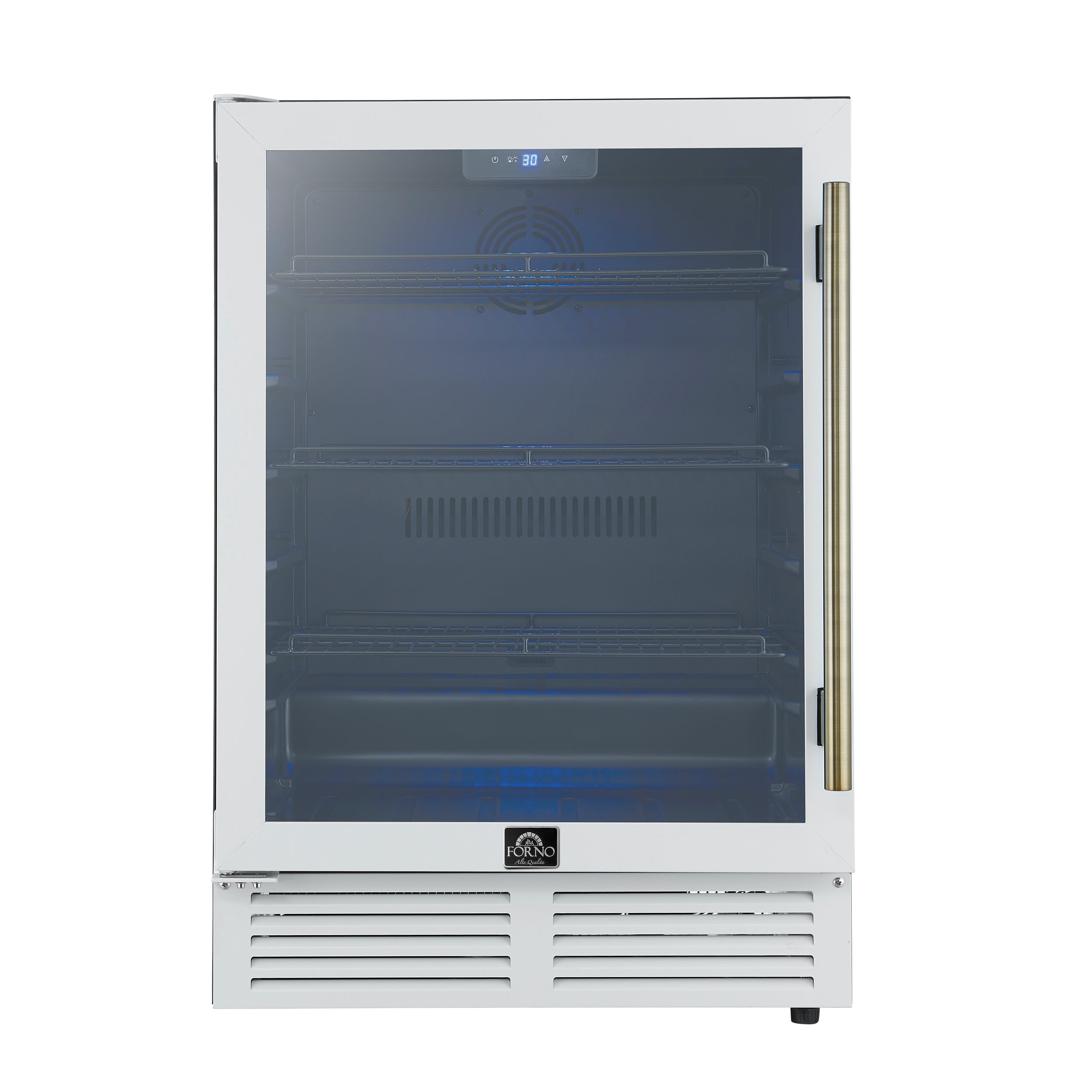 Forno Frescolino 24 Inch Beverage Cooler, White with Antique Brass Handles, with LED Lighting, Triple Glass Door, 188 Can Capacity, Built-In or Freestanding - BonPrix Électroménagers