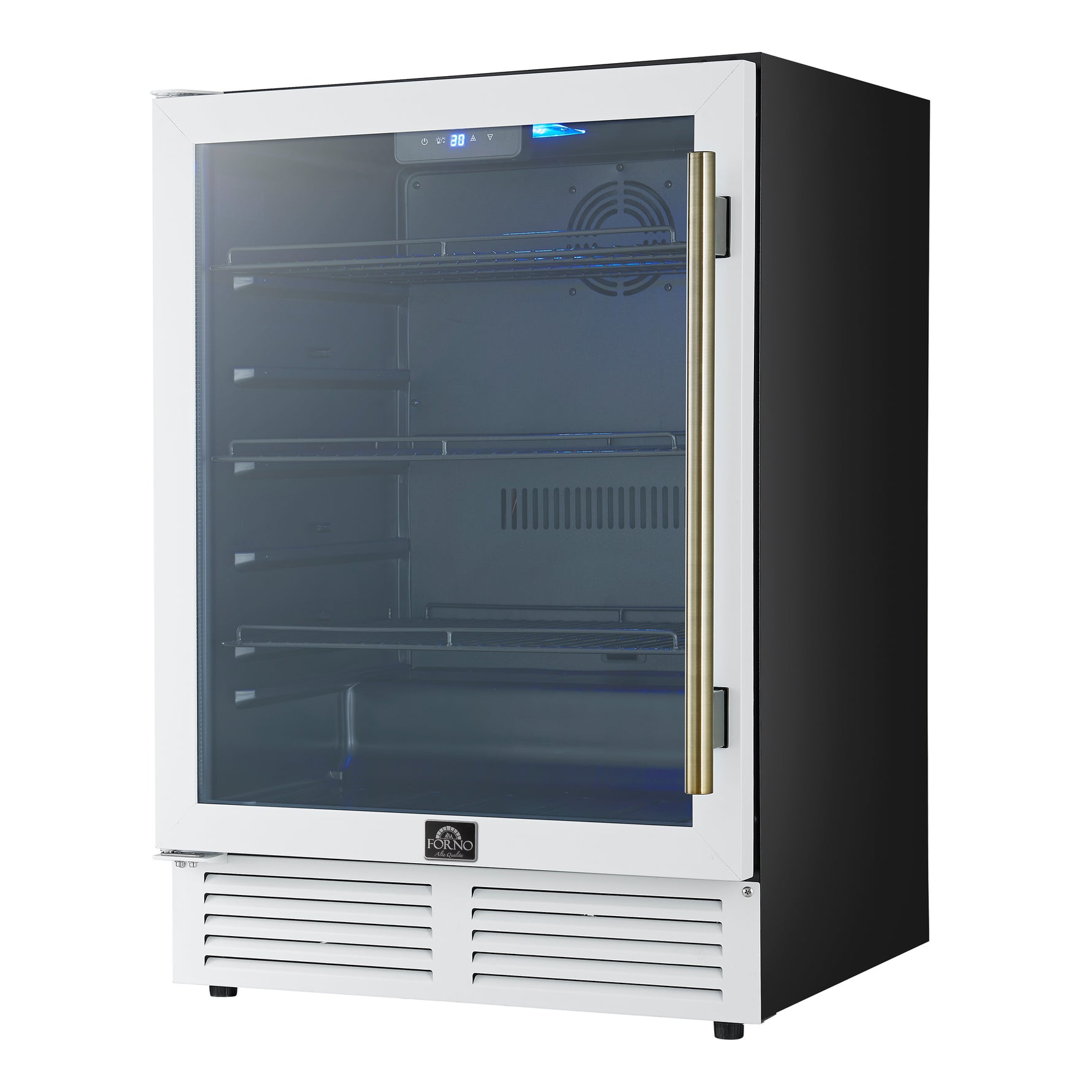 Forno Frescolino 24 Inch Beverage Cooler, White with Antique Brass Handles, with LED Lighting, Triple Glass Door, 188 Can Capacity, Built-In or Freestanding - BonPrix Électroménagers