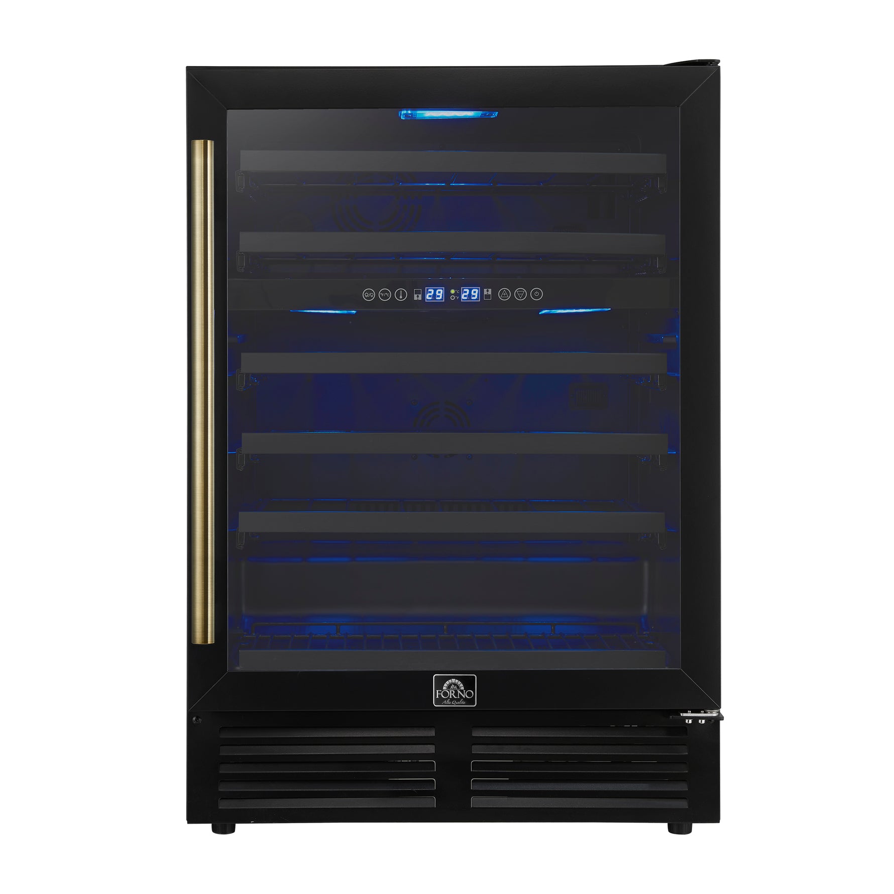 Forno Bacchino 24 Inch Wine Cooler, Black with Antique Brass Handles, with LED Lighting, Triple Glass Door, 51 Bottle Capacity, Built-In or Freestanding - BonPrix Électroménagers