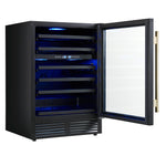 Forno Bacchino 24 Inch Wine Cooler, Black with Antique Brass Handles, with LED Lighting, Triple Glass Door, 51 Bottle Capacity, Built-In or Freestanding - BonPrix Électroménagers
