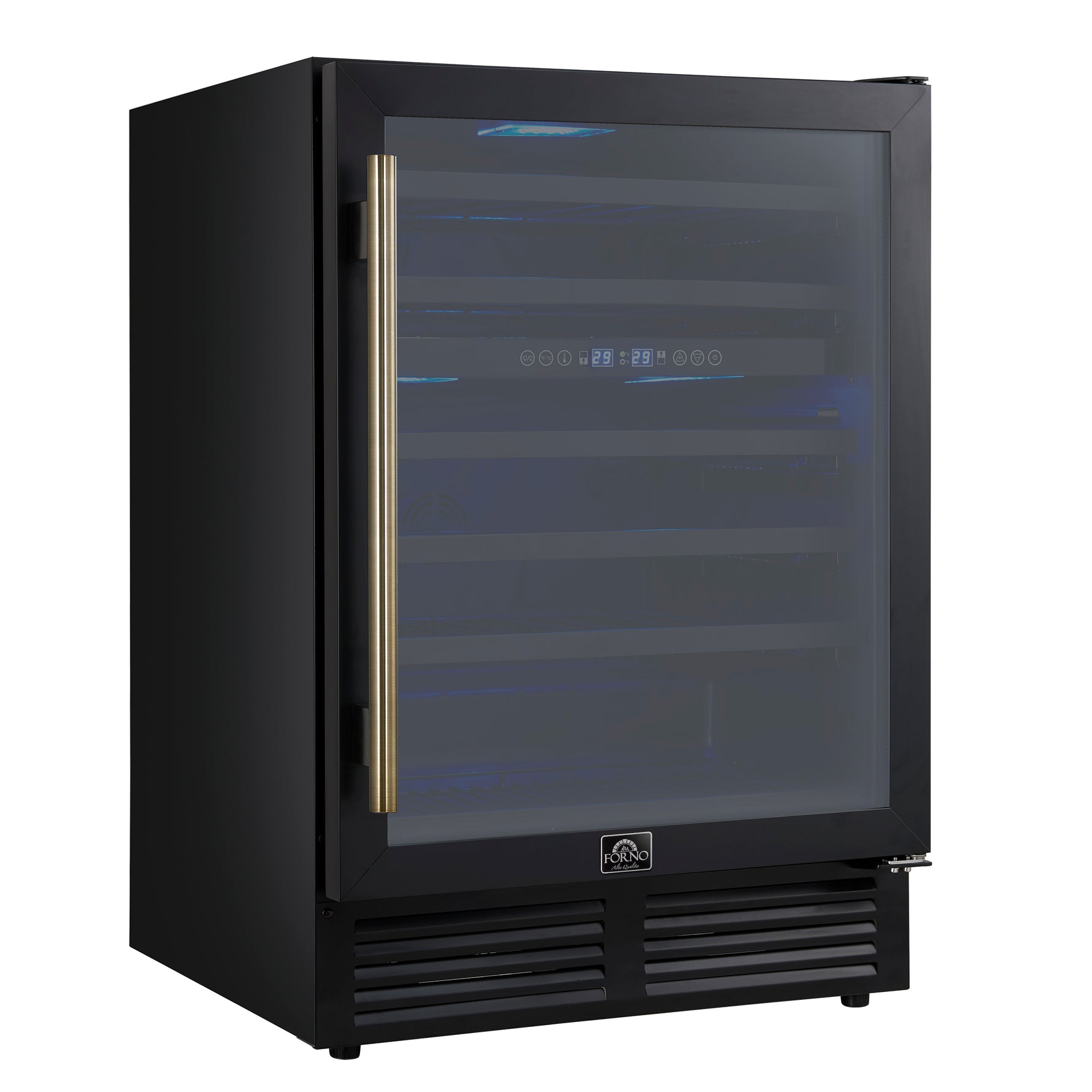 Forno Bacchino 24 Inch Wine Cooler, Black with Antique Brass Handles, with LED Lighting, Triple Glass Door, 51 Bottle Capacity, Built-In or Freestanding - BonPrix Électroménagers